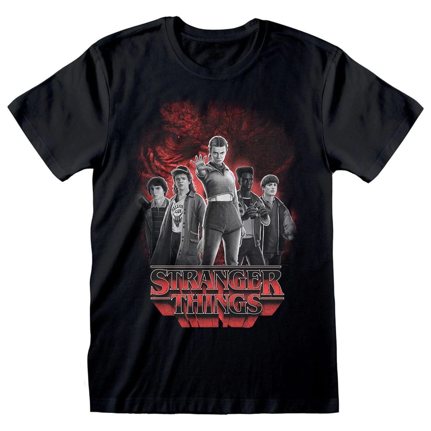 Stranger Things T-Shirt Gruppe mit Vecna hinter Schwarz und Weiß Produktfoto
