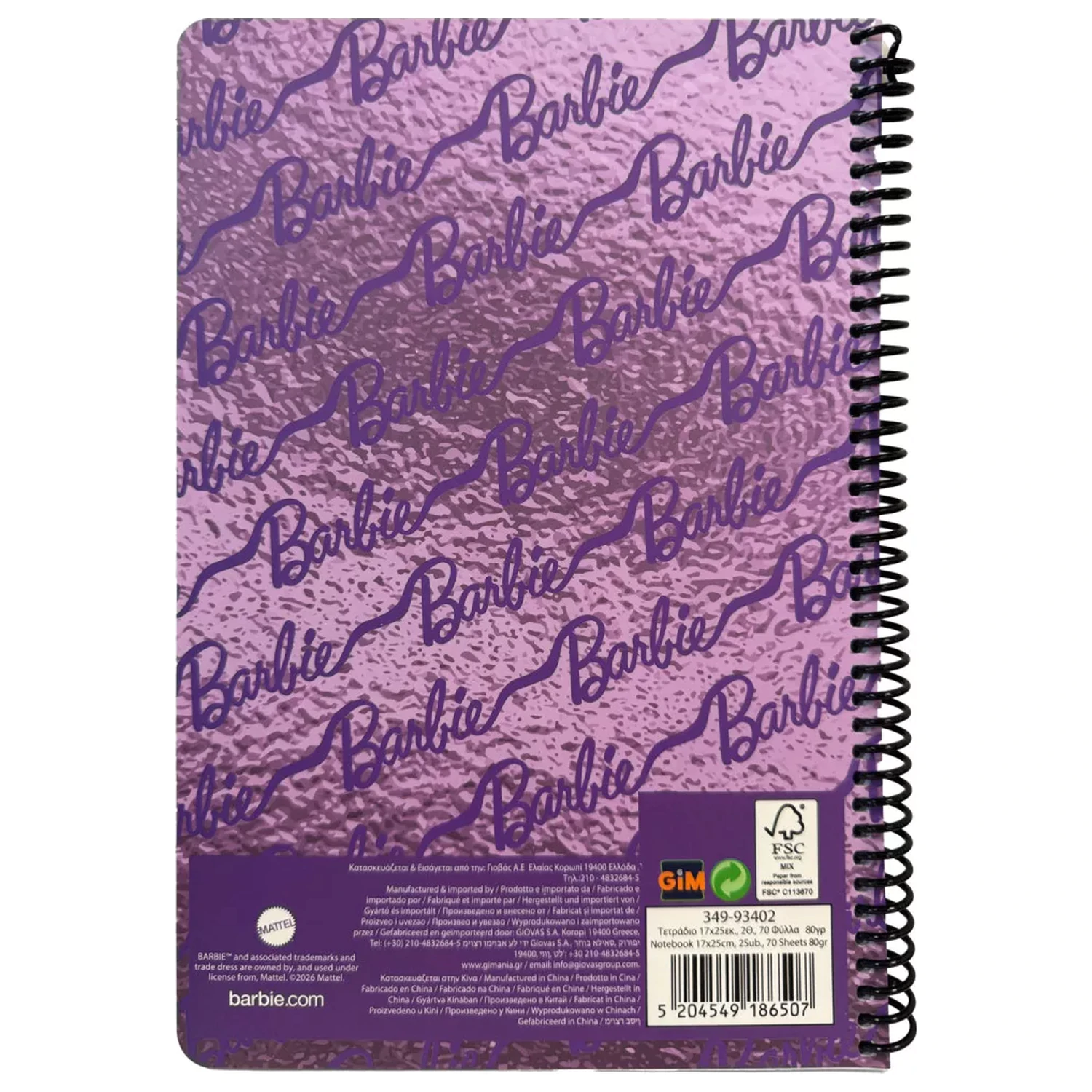 Barbie Purple B/5 liniertes Spiralheft 70 Blätter Produktfoto