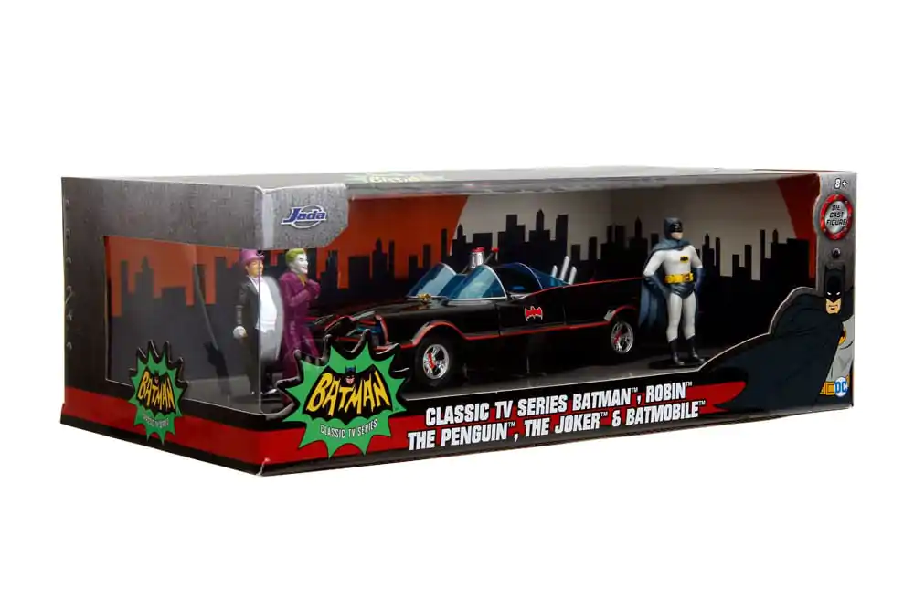 Batman Diecast Modell 1/24 5er Pack Classic TV Series Batman, Robin, Joker, Penguin &amp; Batmobile Produktfoto