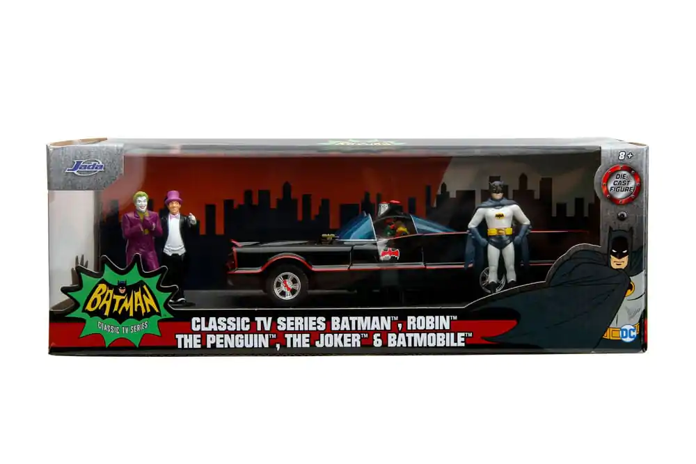 Batman Diecast Modell 1/24 5er Pack Classic TV Series Batman, Robin, Joker, Penguin &amp; Batmobile Produktfoto