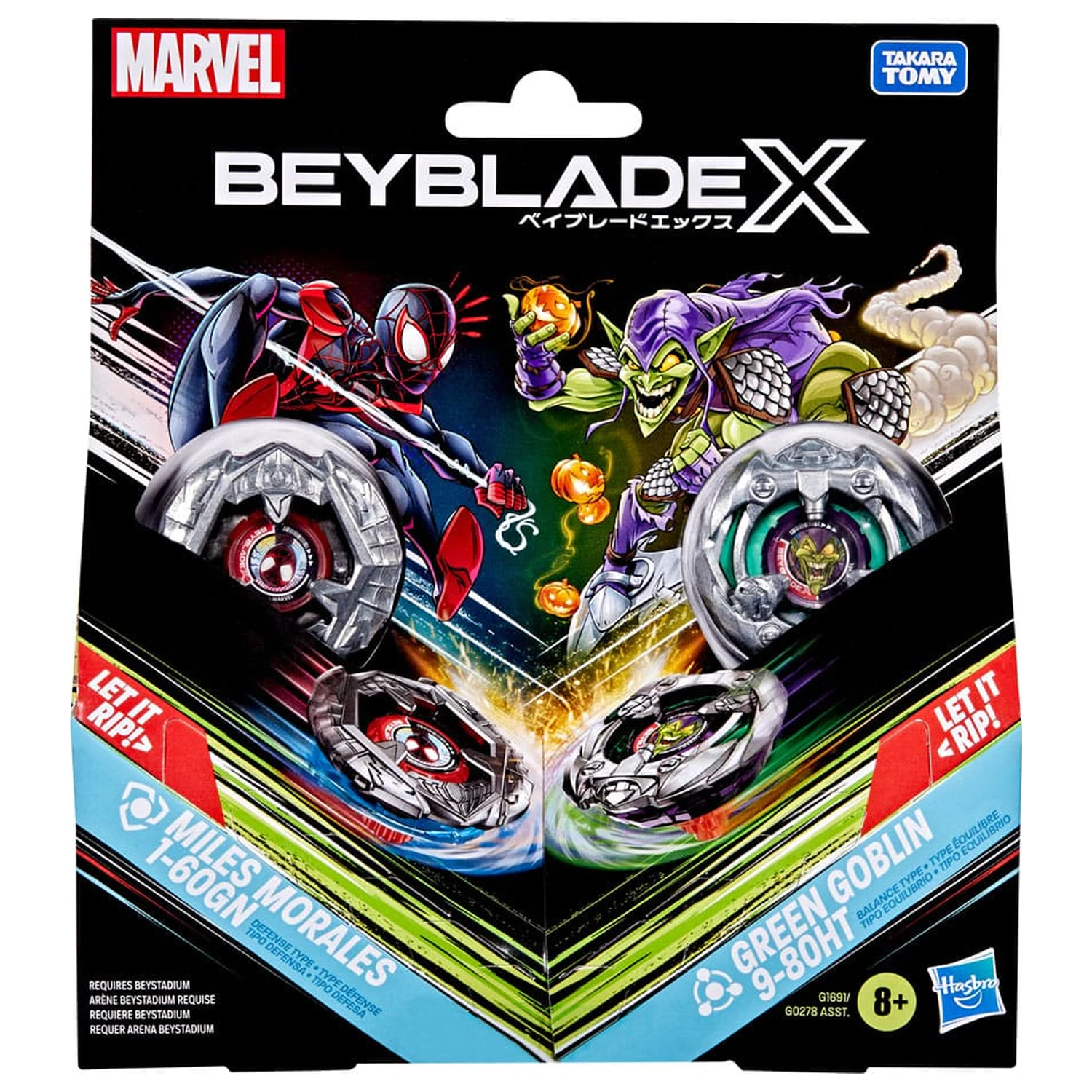 Beyblade X und Marvel Collab Miles Morales 1-60GN vs. Green Goblin 9-80HT Produktfoto