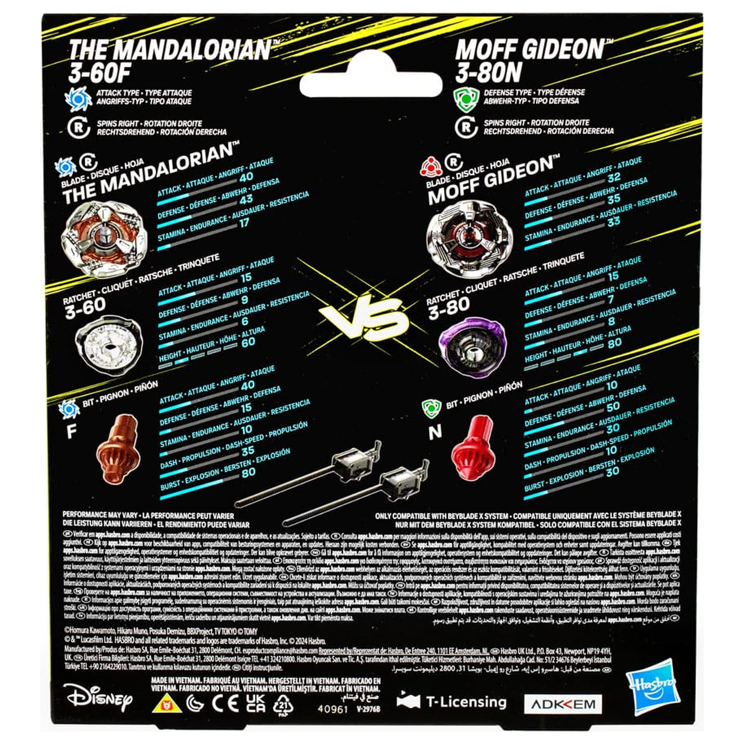 Beyblade X and Star Wars Collab The Mandalorian 3-60F gegen Moff Gideon 3-80N Produktfoto