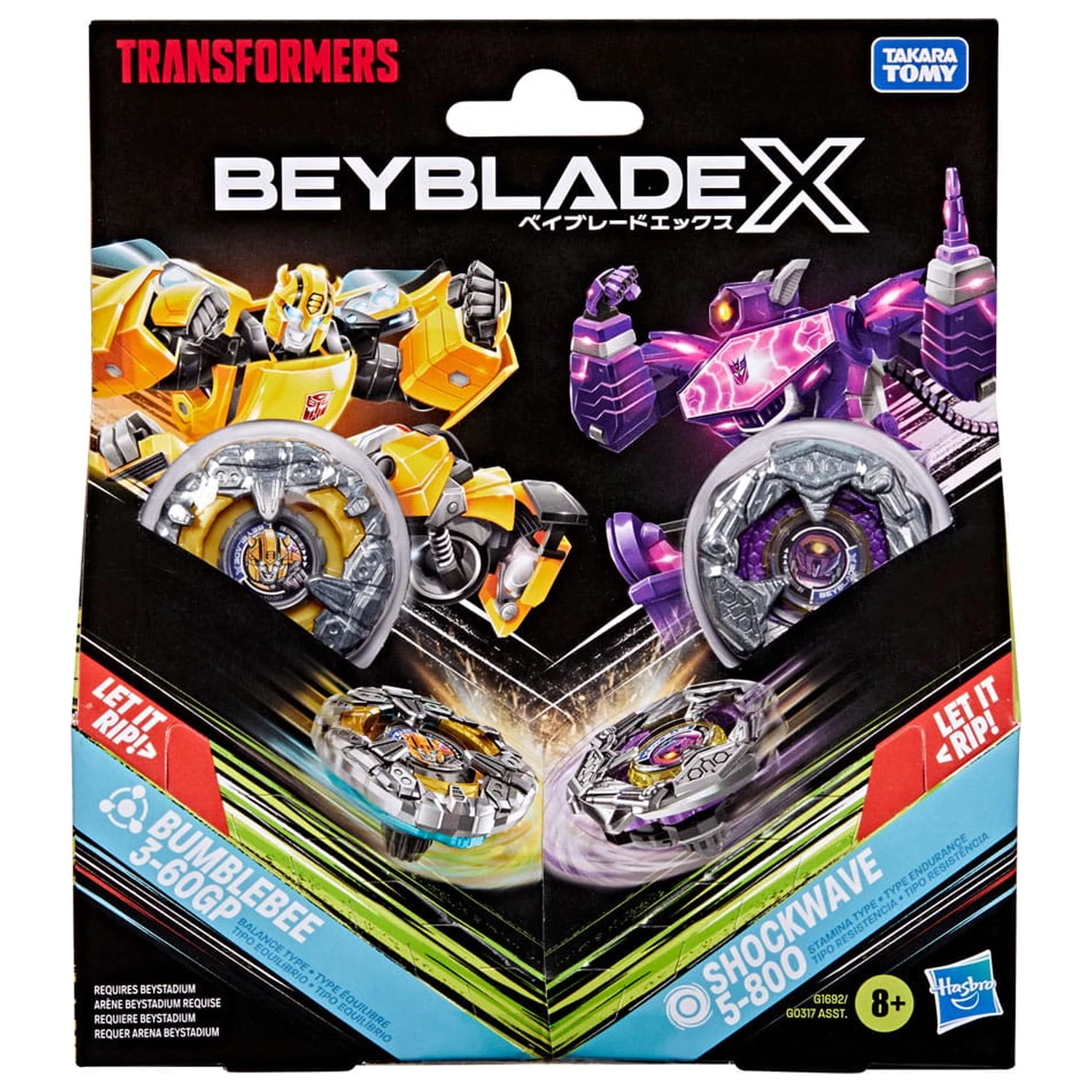 Beyblade X and Transformers Collab Bumblebee 3-60GP vs. Shockwave 5-80O Produktfoto