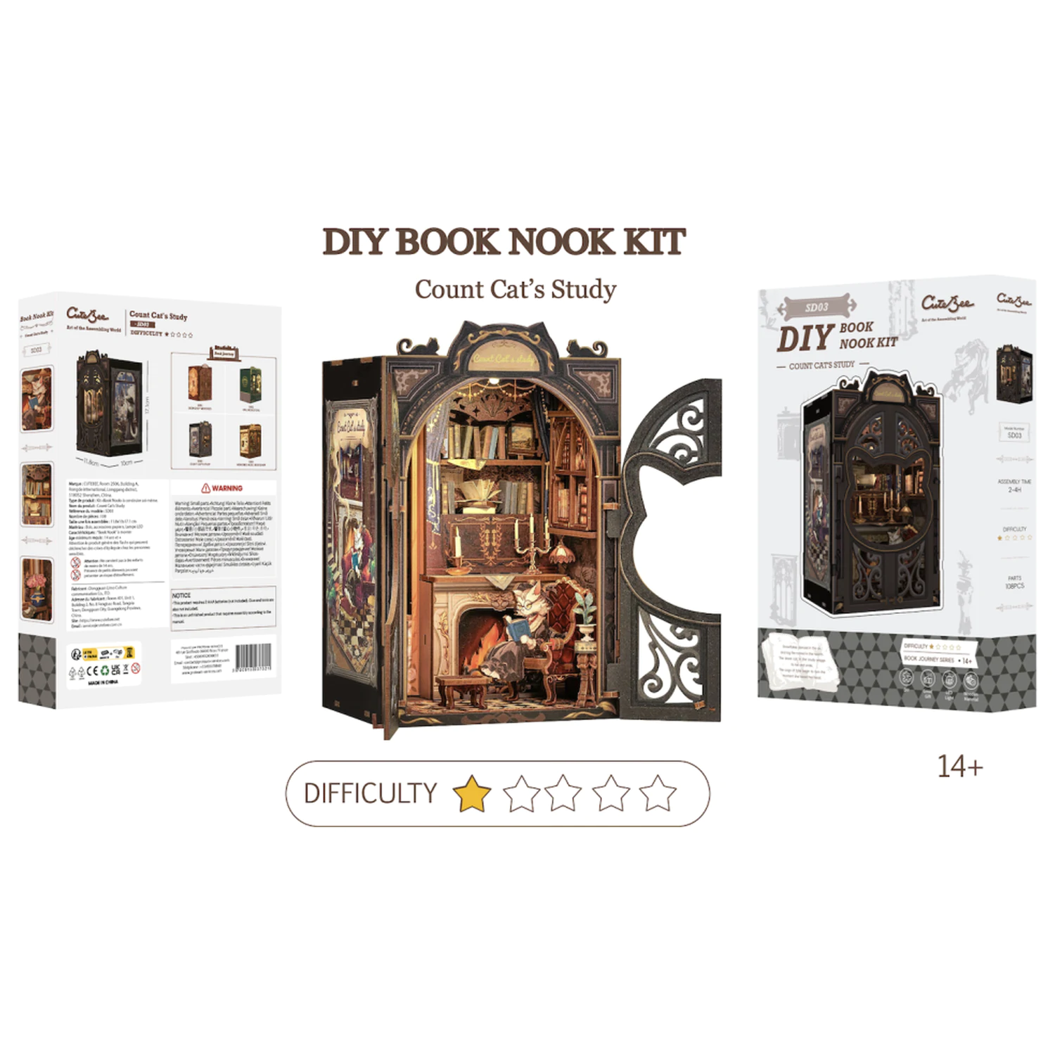 BOOK NOOK KIT DIY Count Cat's Study 108 Teile + LED Licht Produktfoto