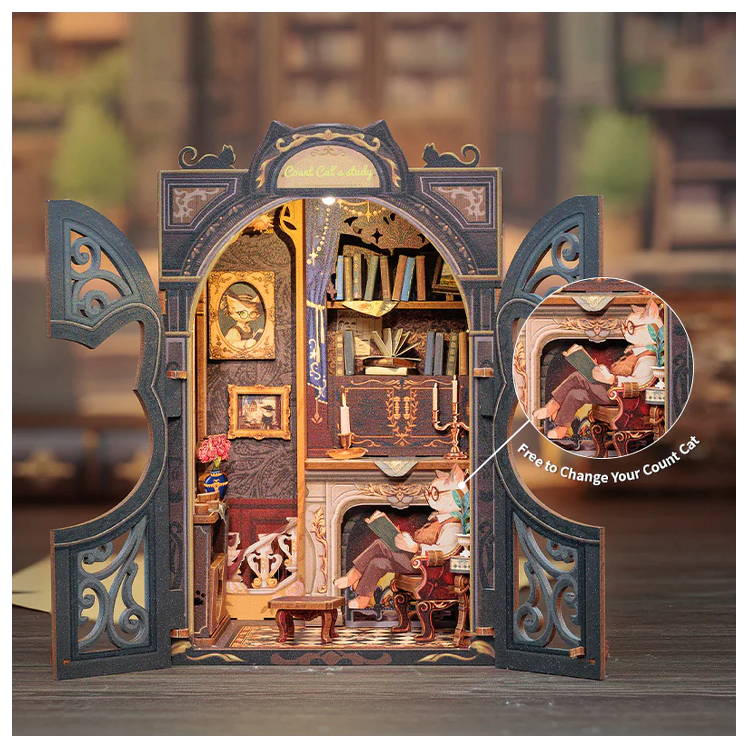 BOOK NOOK KIT DIY Count Cat's Study 108 Teile + LED Licht Produktfoto