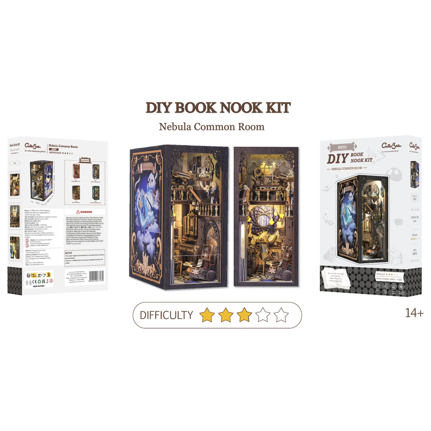BOOK NOOK KIT DIY Nebula Common Room 350-teilig + LED Licht Bausatz Produktfoto