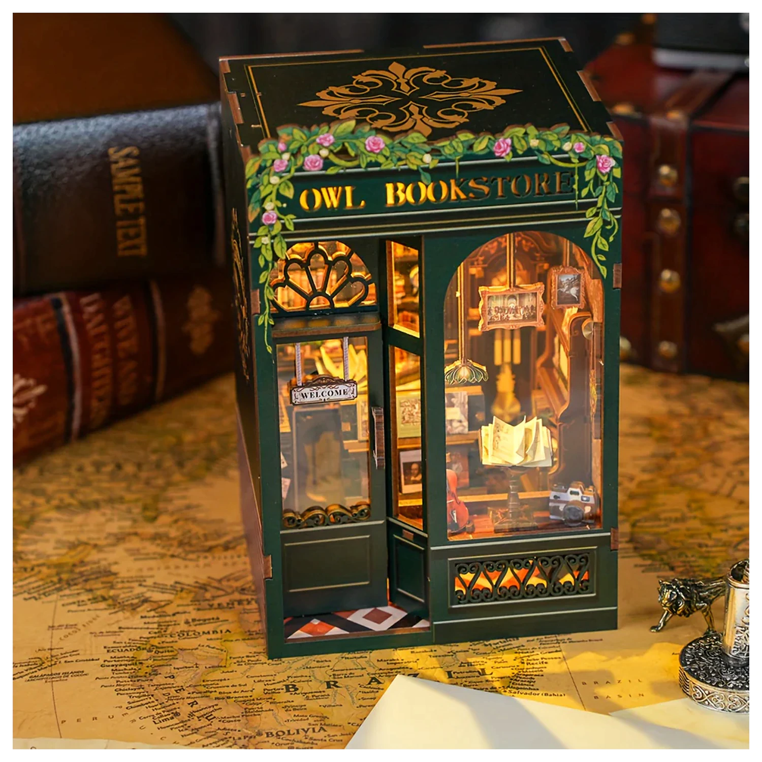 BOOK NOOK BAUSATZ DIY Owl Bookstore 139 Teile + LED Licht Konstruktionsset Produktfoto