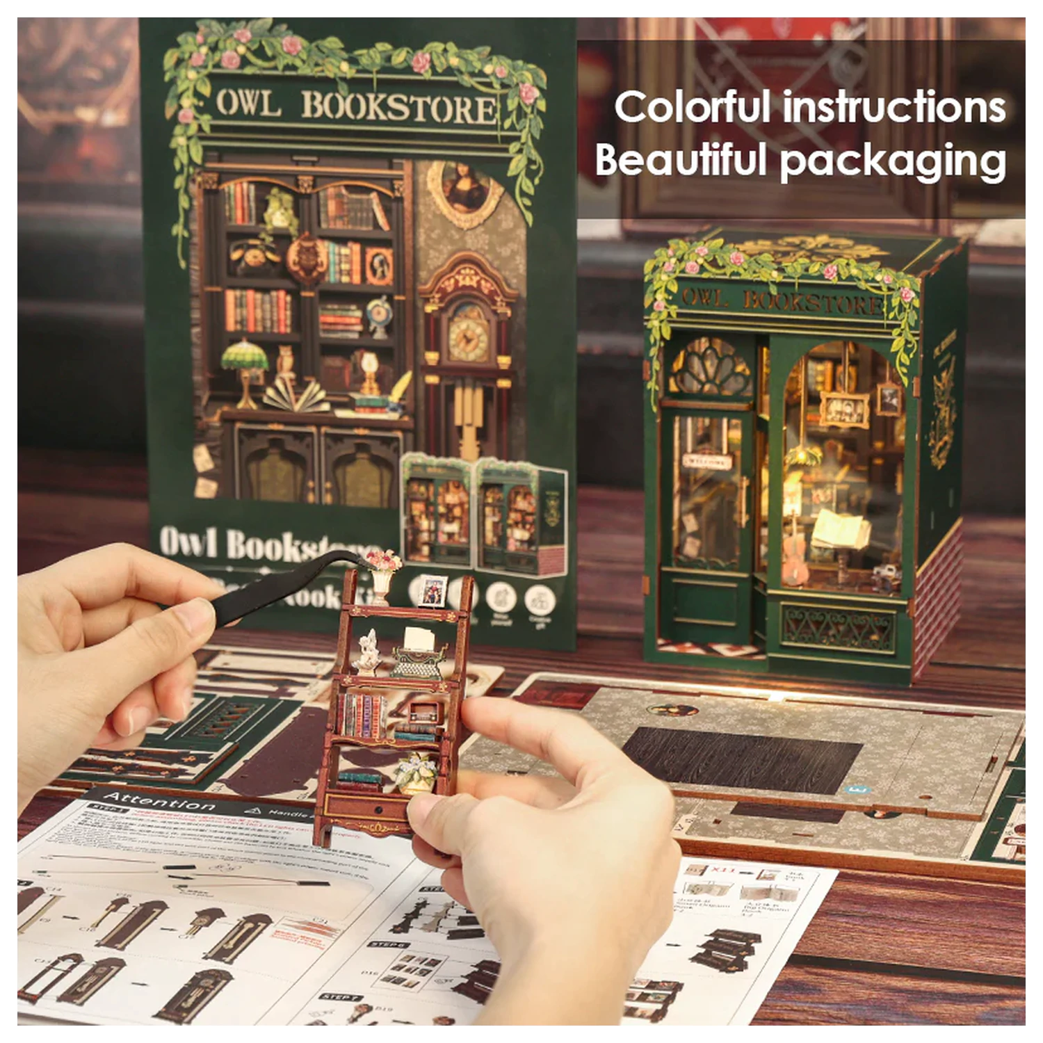 BOOK NOOK BAUSATZ DIY Owl Bookstore 139 Teile + LED Licht Konstruktionsset Produktfoto
