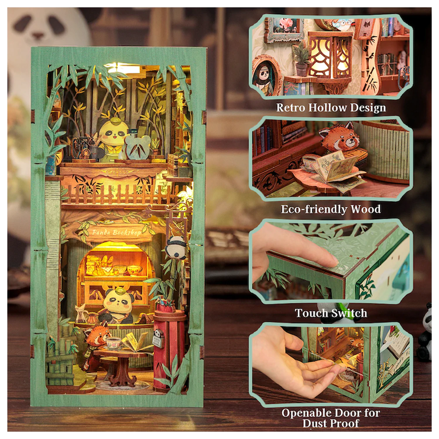 BOOK NOOK KIT DIY Panda Bookshop 239 db + LED Licht Produktfoto