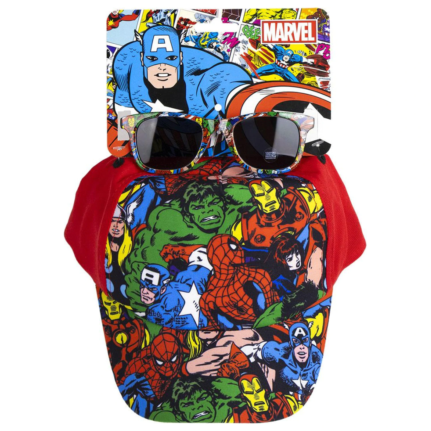 Avengers rote Sonnenbrille und Baseballkappe Set Produktfoto