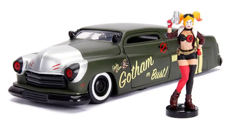 DC Bombshells Diecast Modell Hollywood Rides 1/24 1951 Mercury mit Harley Quinn Figur Produktfoto