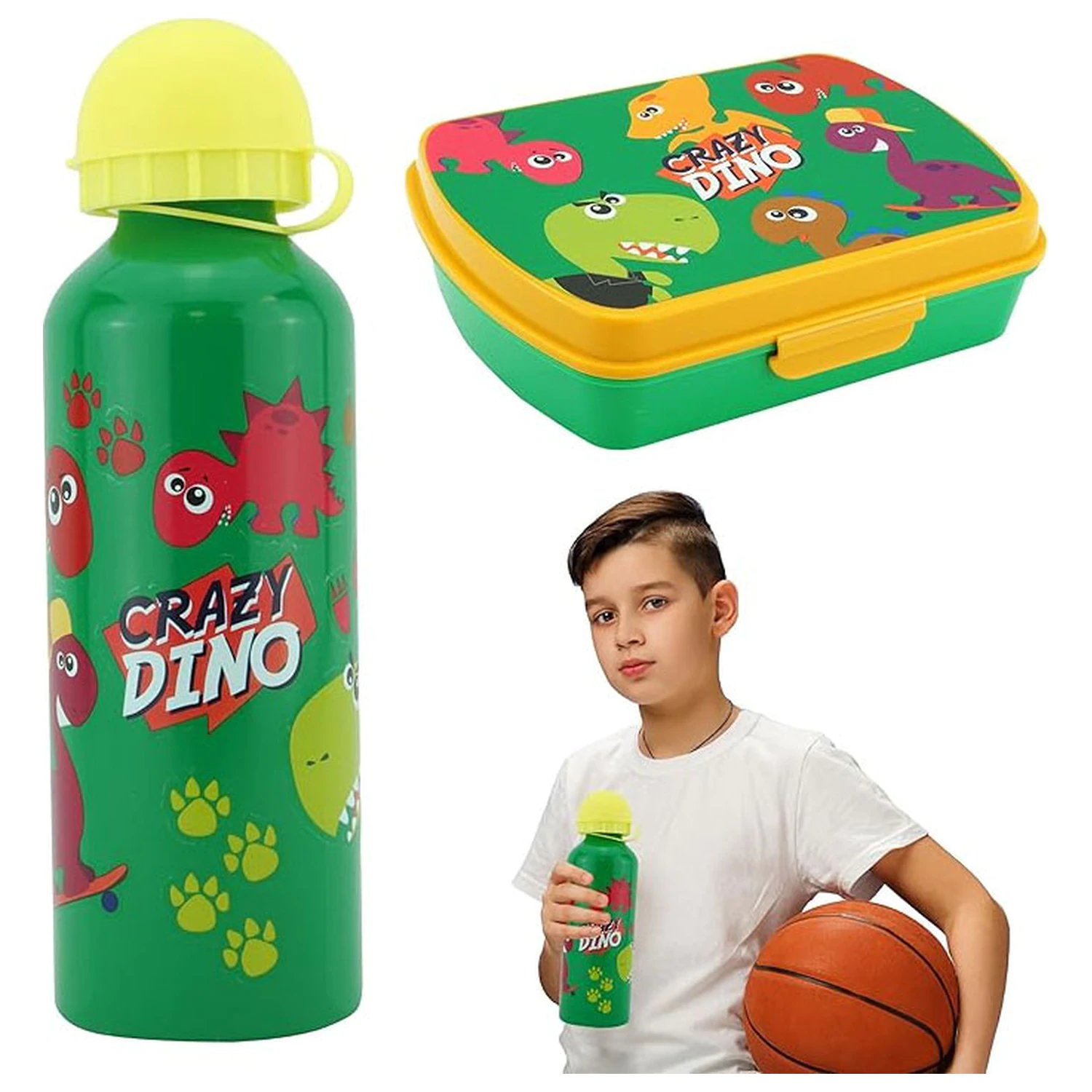 Dinosaur Crazy Sandwichbox + Aluminium Wasserflasche Set Produktfoto