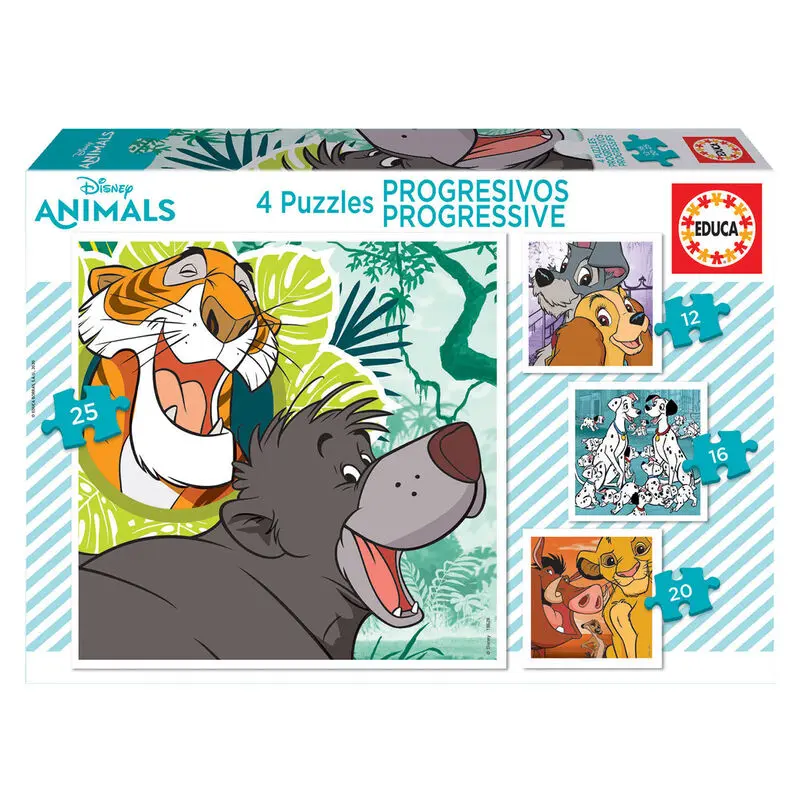 Disney Animals Lady and Trump + 101 Dalmatians + Lion King + Jungle Book Progressive puzzle 12-16-20-25St Produktfoto