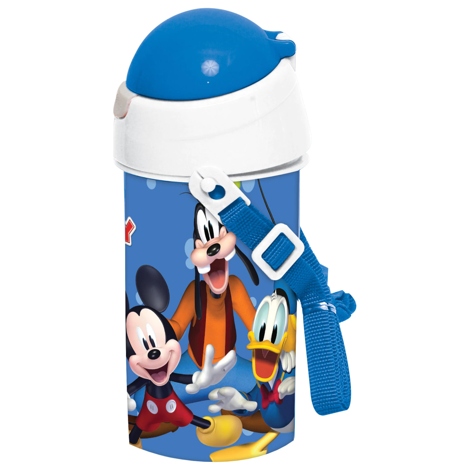 Disney Mickey Blaue Plastik Trinkflasche mit Strohhalm und Umhängeband 500 ml Produktfoto