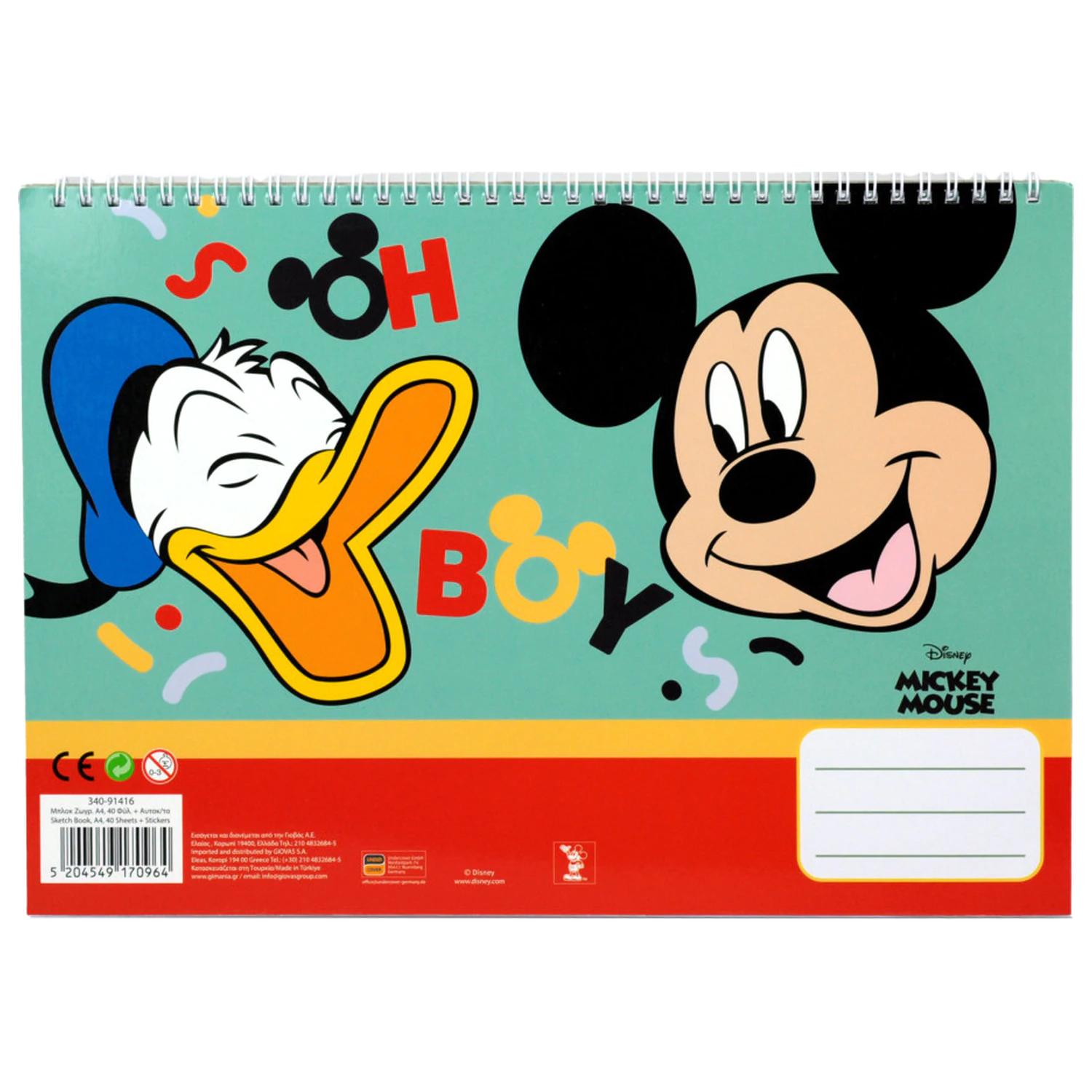 Disney Mickey Oh Boy A/4 Spiral Skizzenbuch 40 Blätter mit Aufklebern Produktfoto