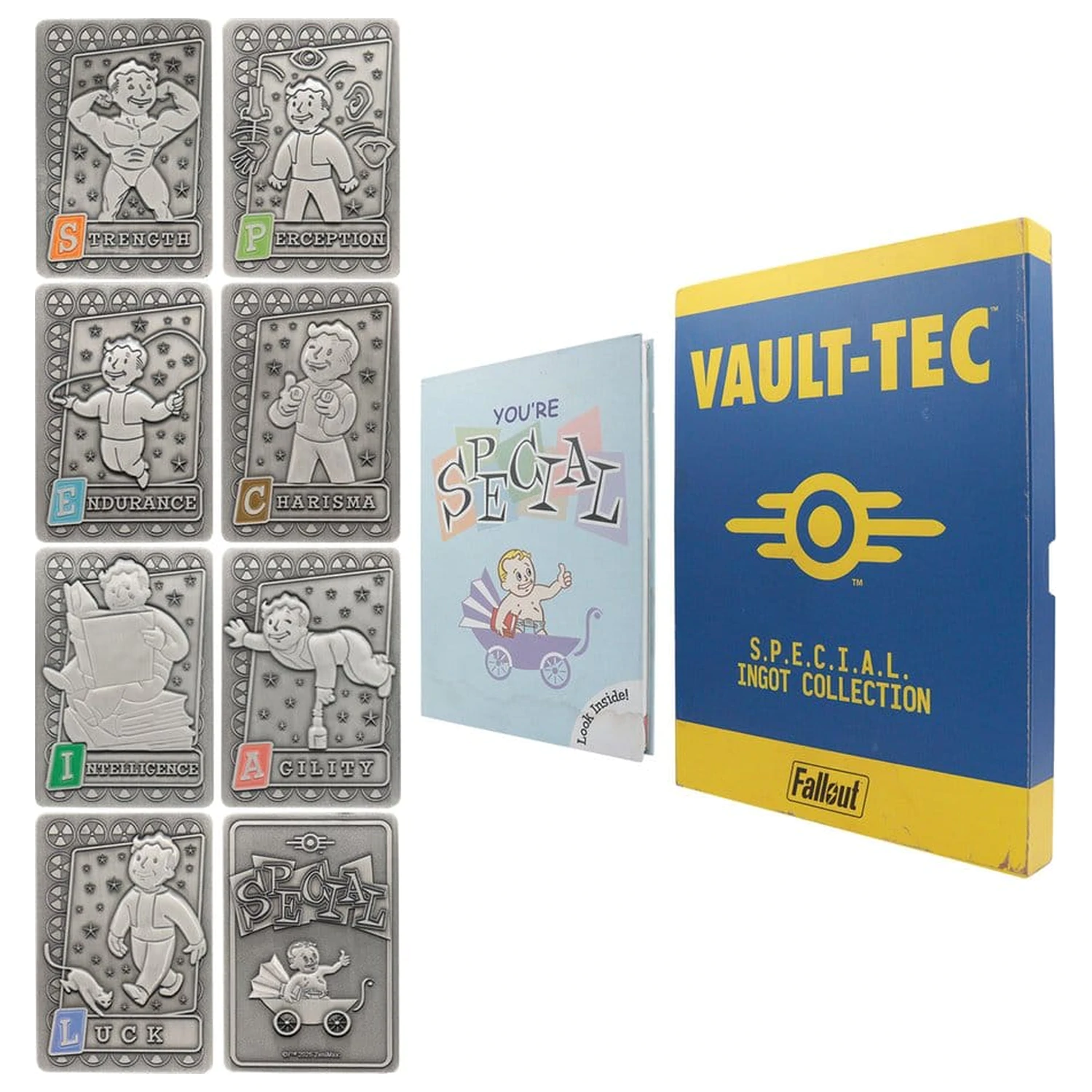 Fallout Ingots mit Album S.P.E.C.I.A.L. Perk Card Sammleralbum Produktfoto