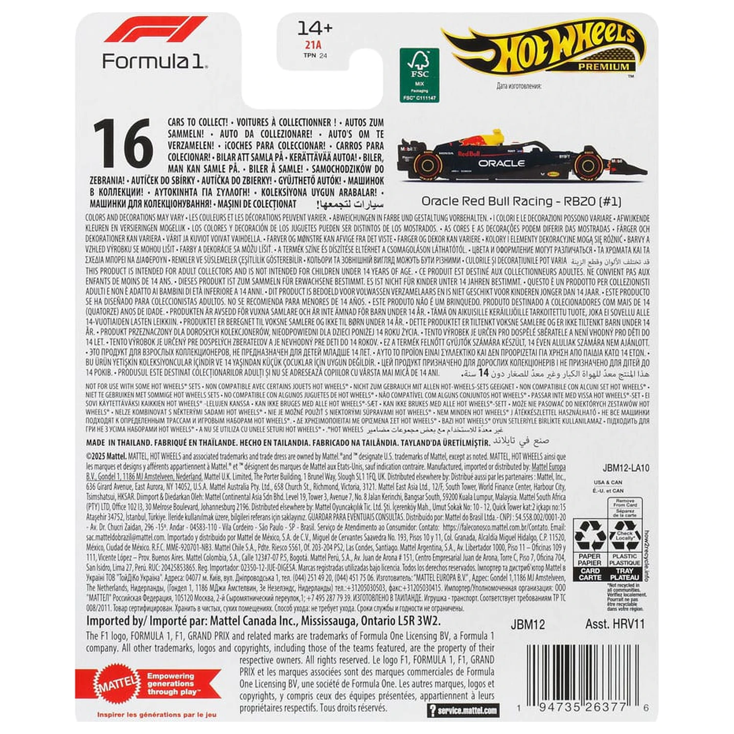 Formula 1 Hot Wheels Premium Druckguss Fahrzeug 1/64 Oracle Red Bull Racing RB20 (#1) (Max Verstappen 2024) Produktfoto