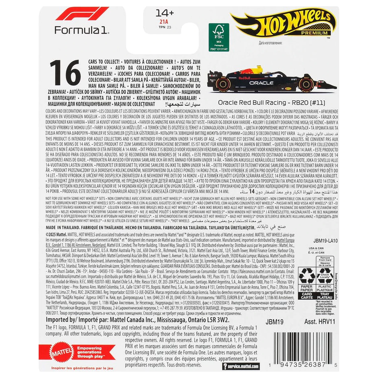 Formula 1 Hot Wheels Premium Druckguss Fahrzeug 1/64 Oracle Red Bull Racing RB20 (#11) (Sergio Perez 2024) Produktfoto