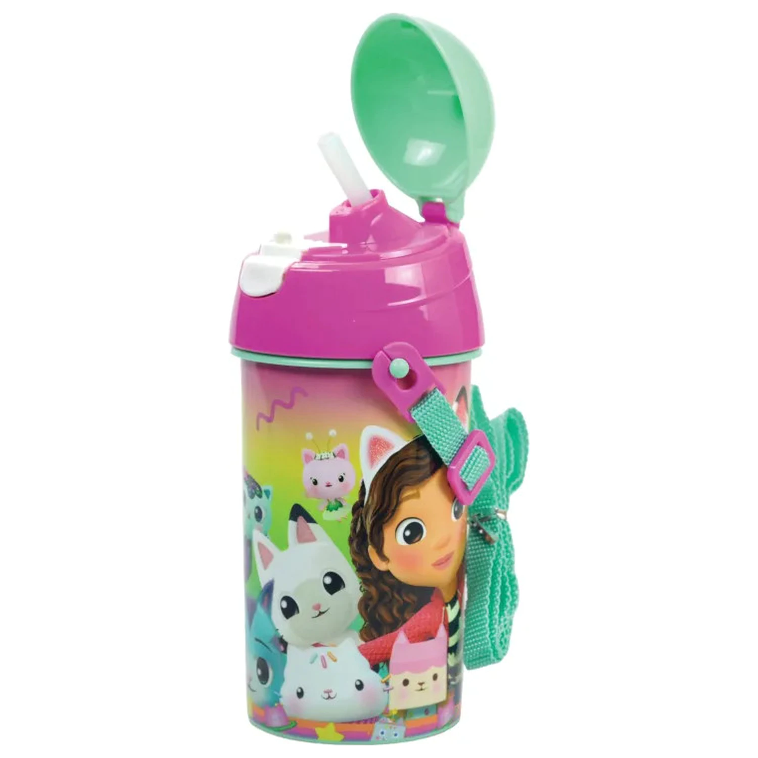 Gabby's Dollhouse Color Fade Kunststoff Trinkhalm Wasserflasche mit Hänger 500 ml Produktfoto