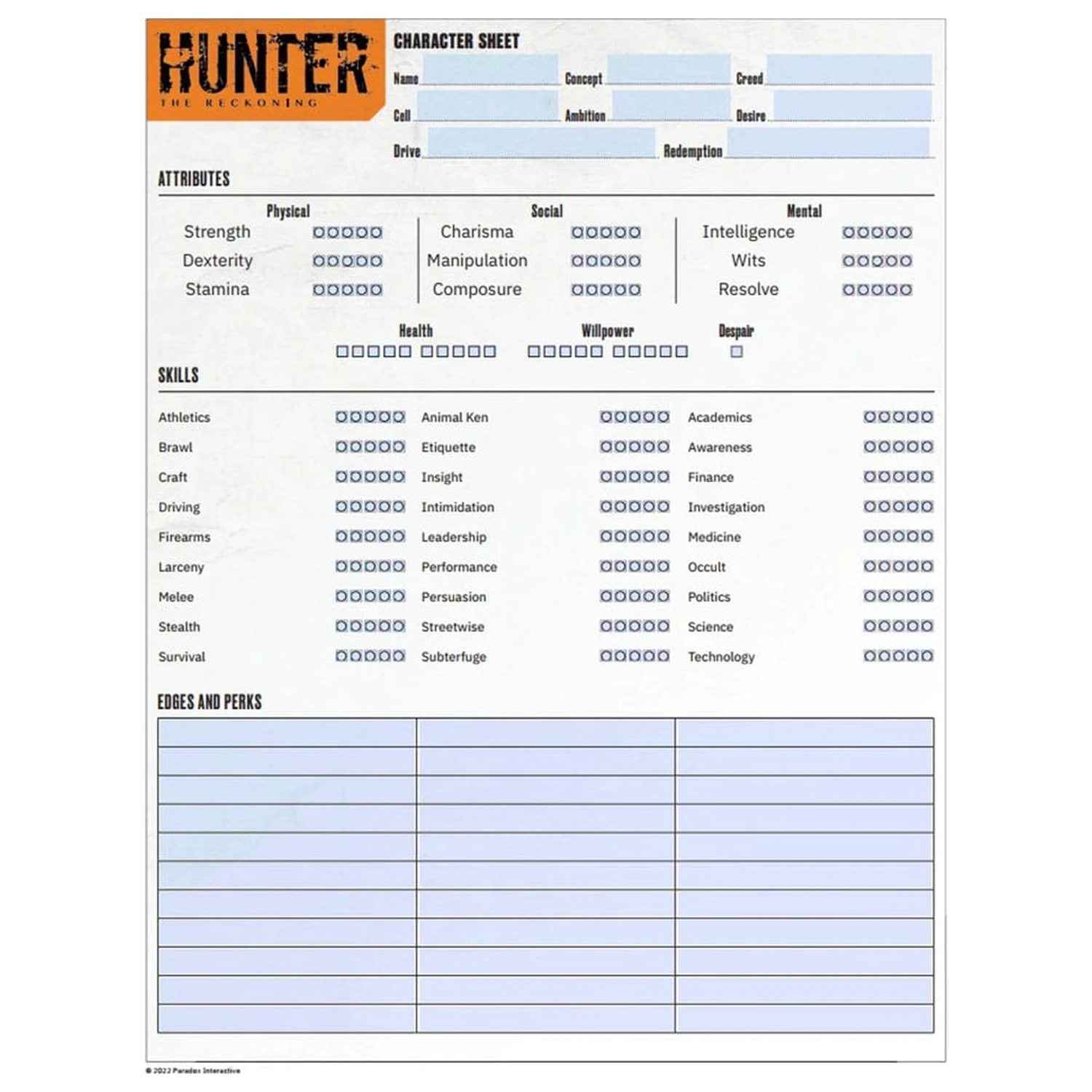Hunter: The Reckoning 5th Edition Rollenspiel Notizbuch Erweitertes Charakterbogen Notizbuch *englische Ausgabe* Produktfoto