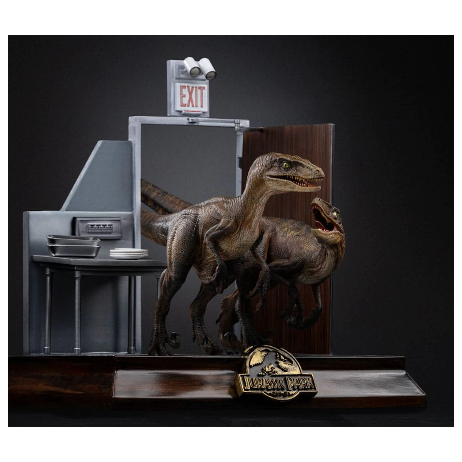 Jurassic Park Art Scale Statue 1/10 Raptors at the Kitchen's Door 28 Zentimeter Produktfoto