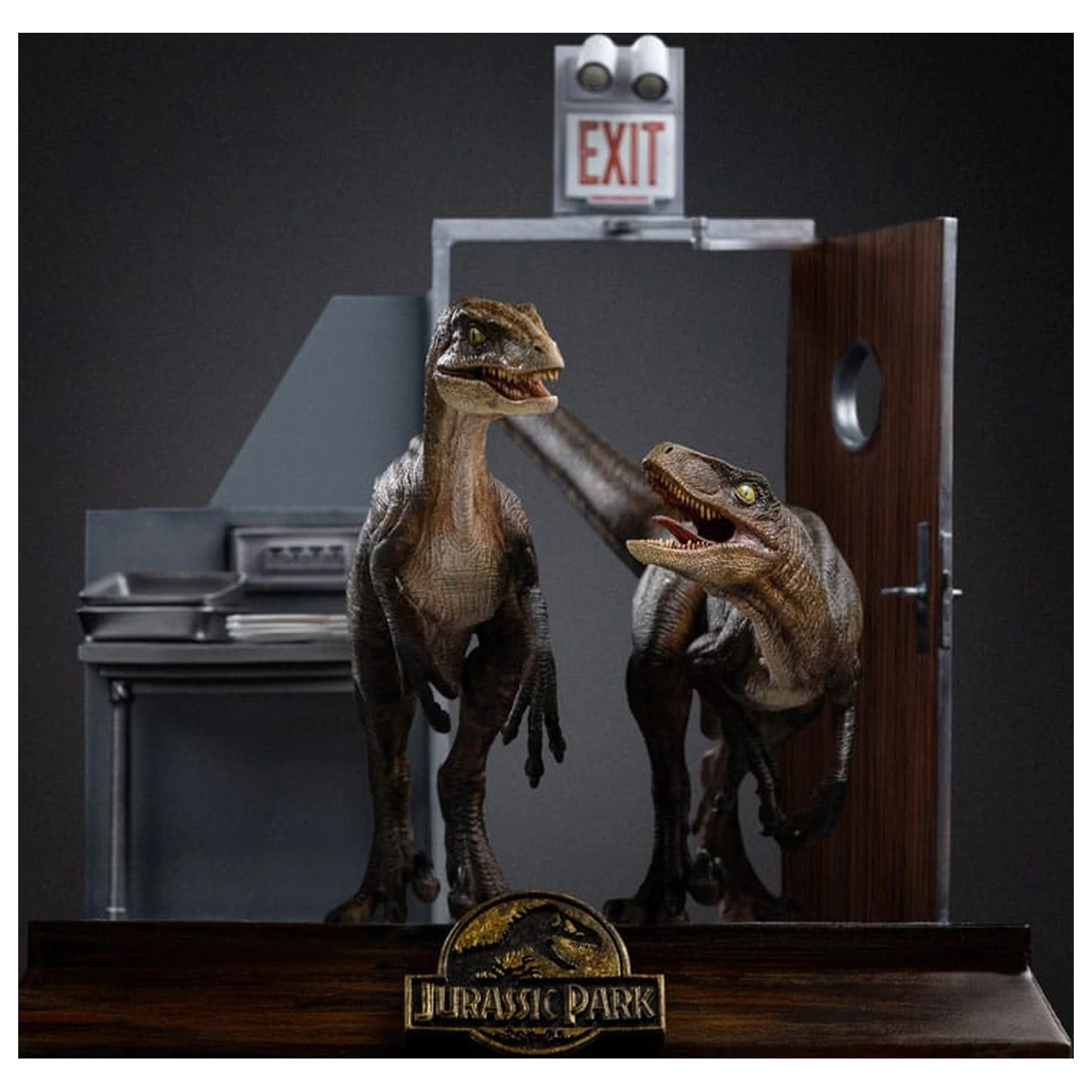 Jurassic Park Art Scale Statue 1/10 Raptors at the Kitchen's Door 28 Zentimeter Produktfoto