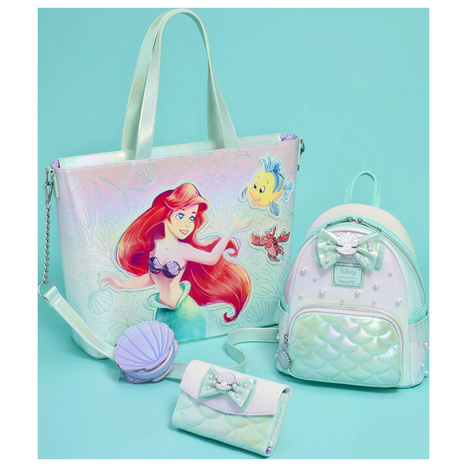 Loungefly Disney The Little Mermaid Ariel, Flounder and Sebastian Tragetasche mit Münzbeutel Produktfoto