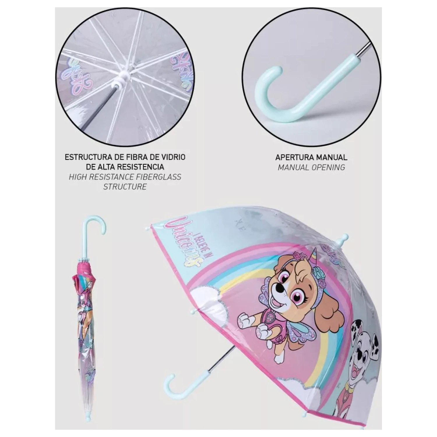 Paw Patrol Believe in Unicorns Kinder Transparenter Regenschirm Produktfoto