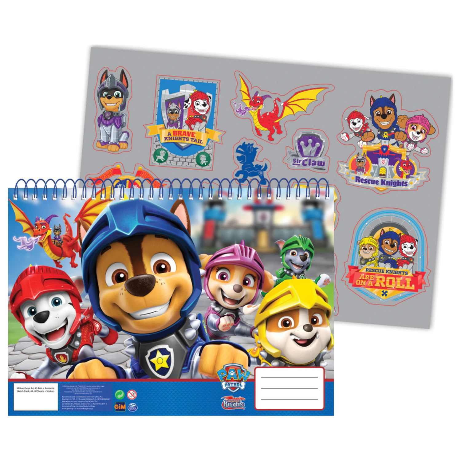 PAW Patrol Knights A/4 Spiral Skizzenbuch 40 Blätter mit Stickern Produktfoto