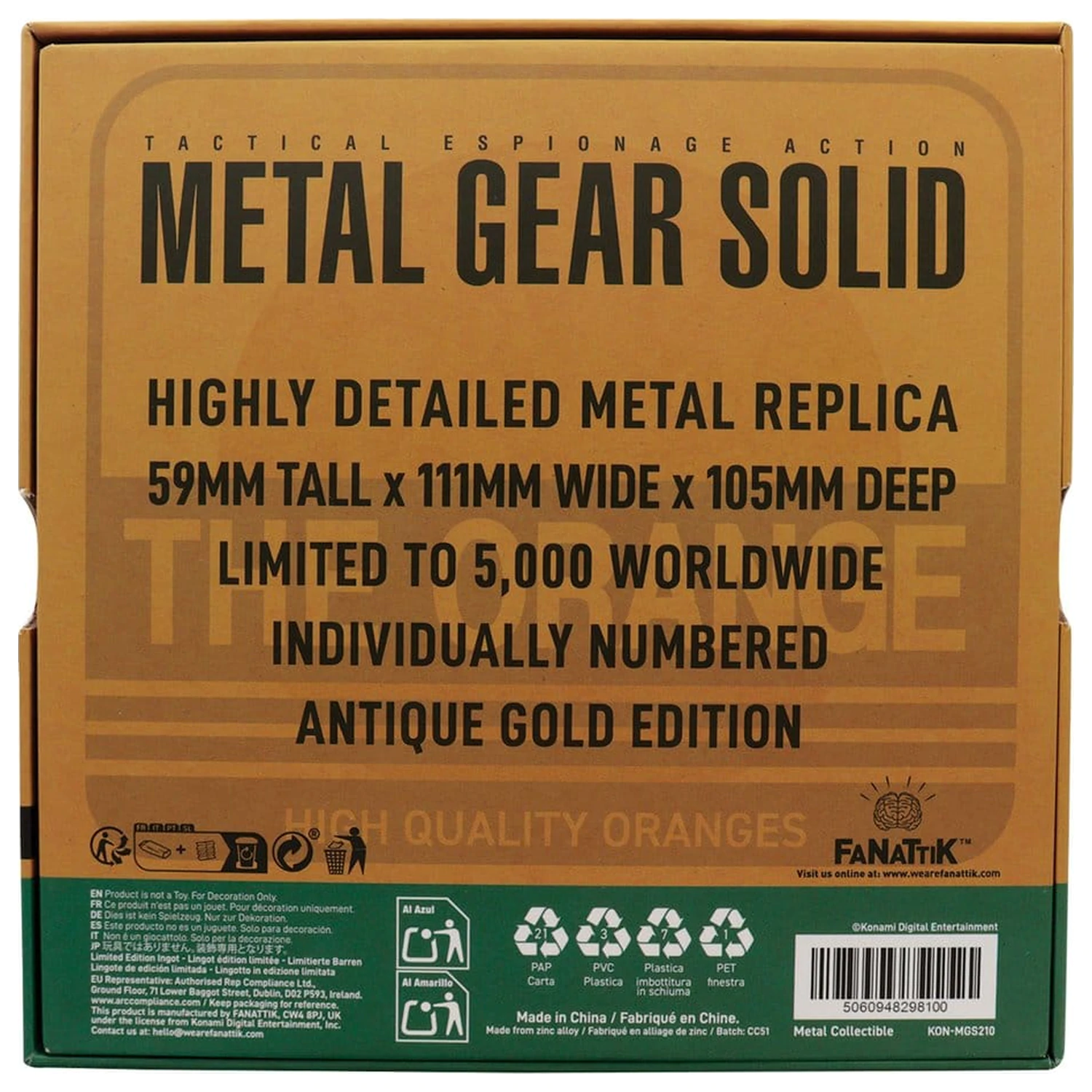 Metal Gear Solid 2 Nachbildung Kartonbox Antikgold Produktfoto