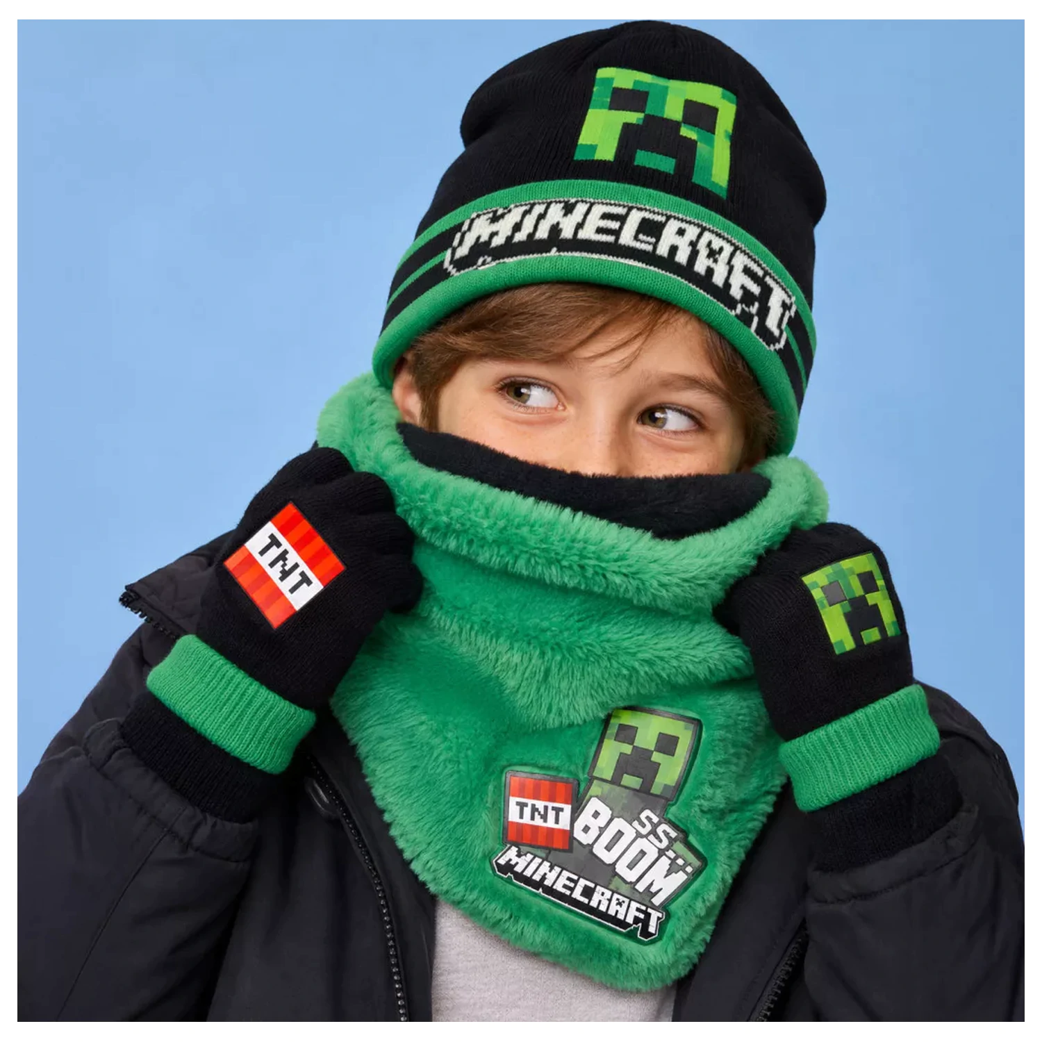 Minecraft Boom Deluxe Kinder Mütze, Schal und Handschuh Set Produktfoto
