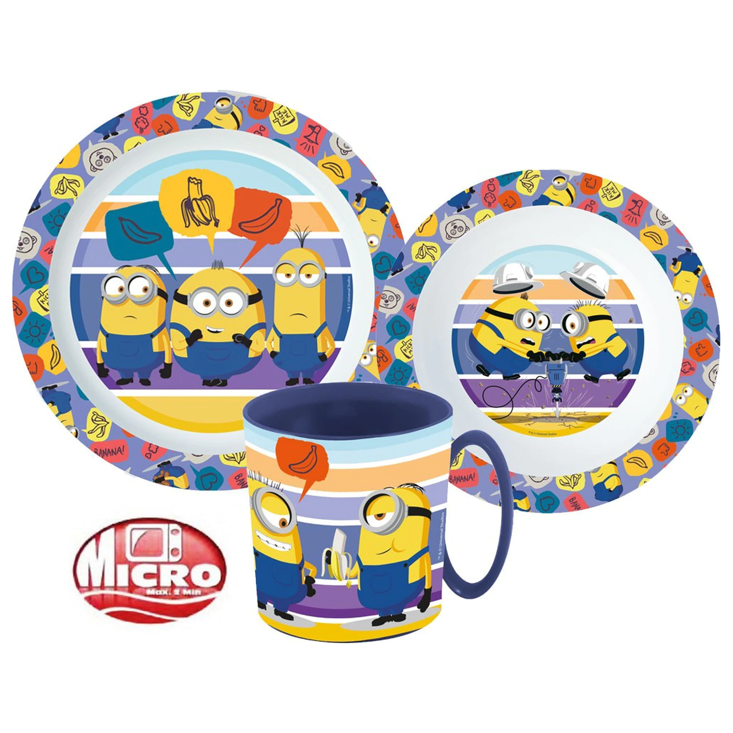 Minions Gestreiftes Geschirr Set, Micro Plastic Set mit Becher 350 ml Produktfoto