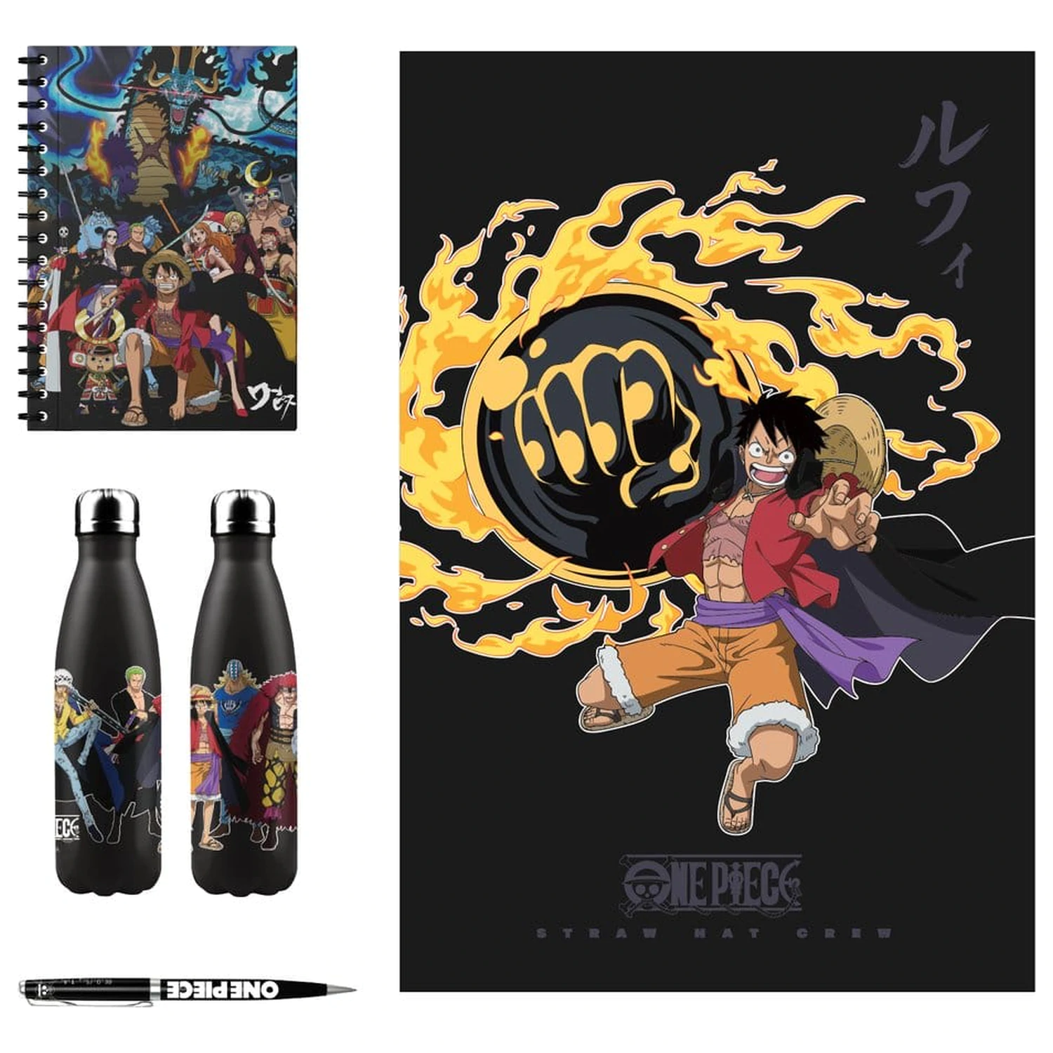 One Piece Aluminiumflasche, Notizbuch, Decke, Stift Geschenkset Produktfoto
