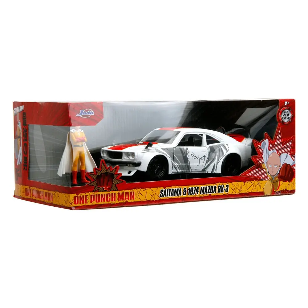 One Punch Man Hollywood Rides Diecast Modell 1/24 1974 Mazda RX-3 mit One Punch Man Figur Produktfoto
