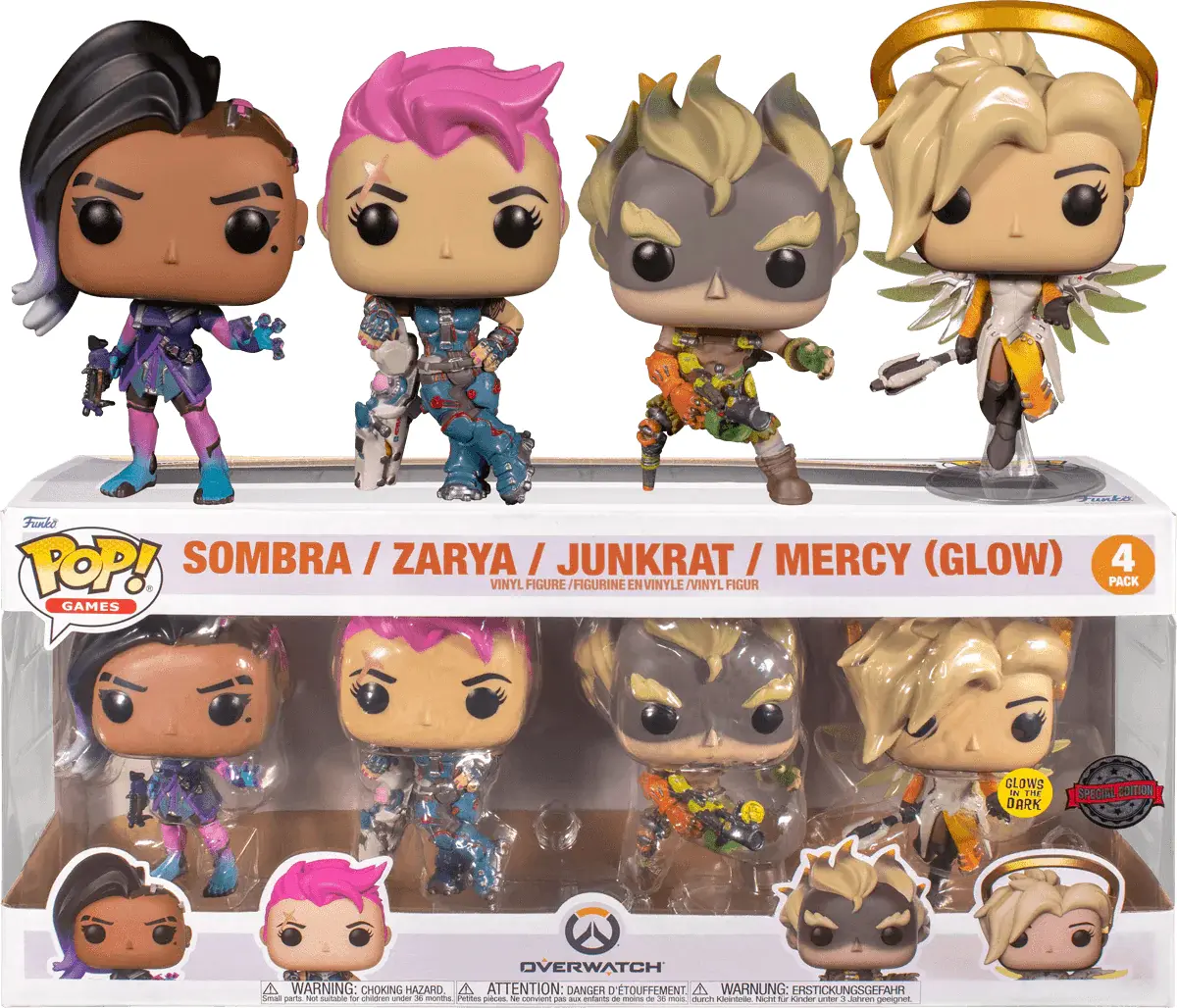 Overwatch POP! Games Vinyl Figuren 4er-Pack Sombra / Zarya / Junkrat / Mercy (Glow) 9 cm Produktfoto
