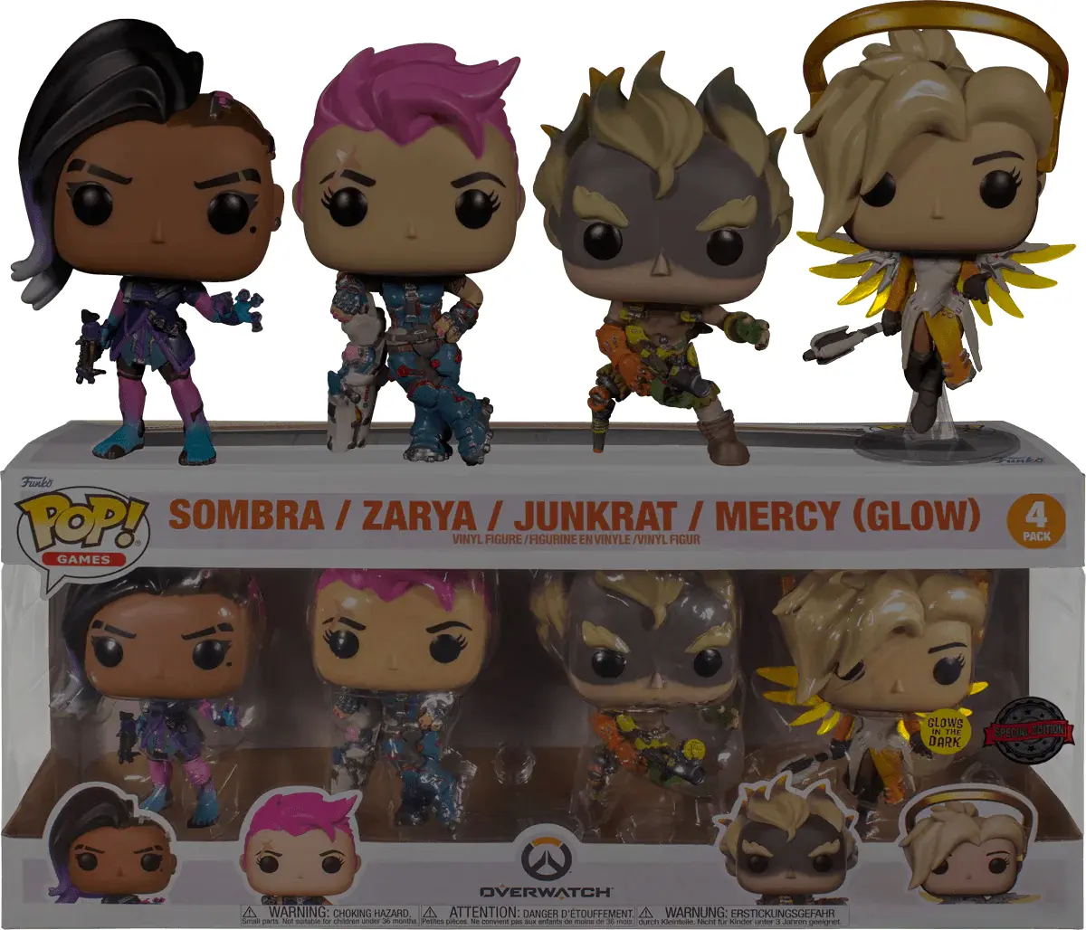 Overwatch POP! Games Vinyl Figuren 4er-Pack Sombra / Zarya / Junkrat / Mercy (Glow) 9 cm Produktfoto