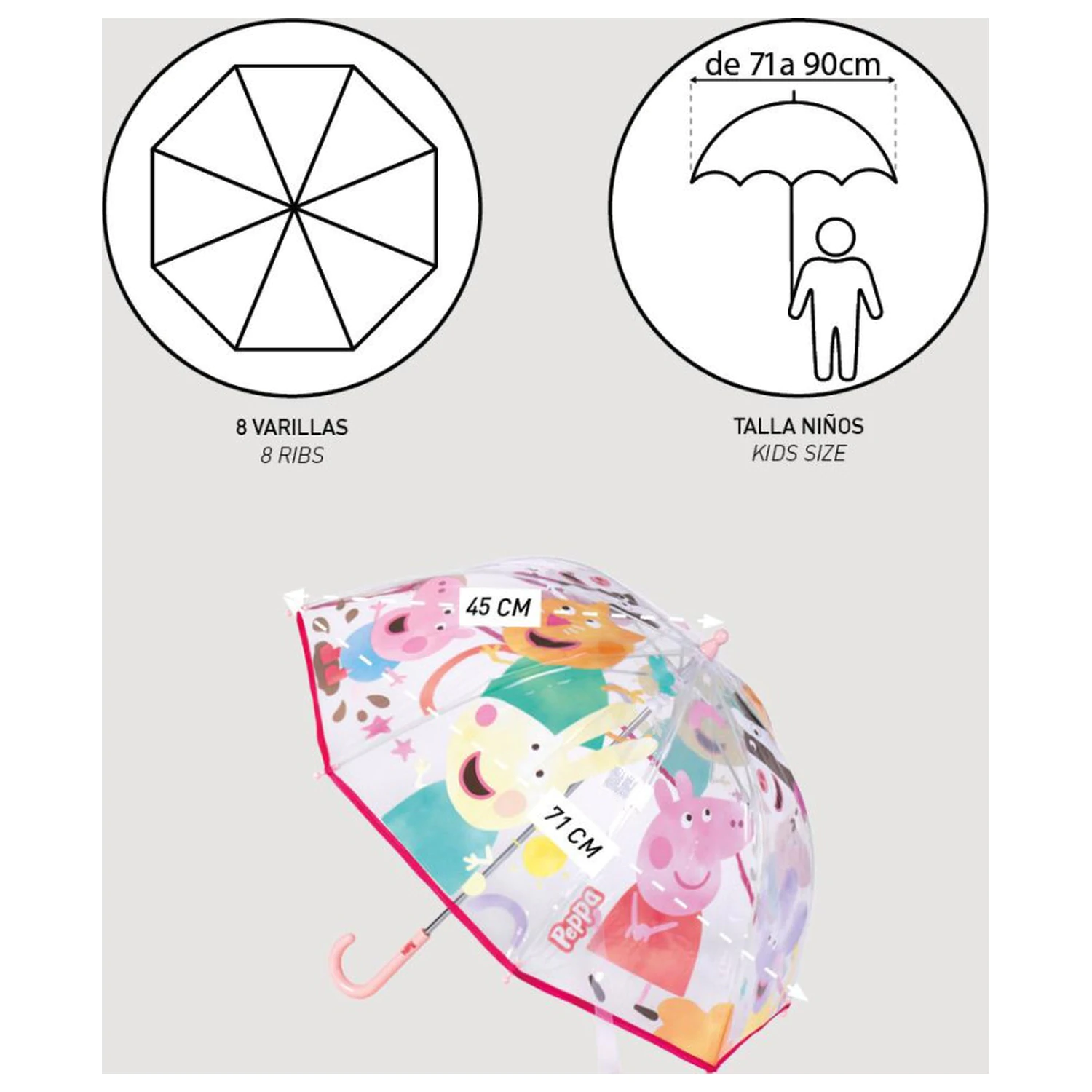 Peppa Pig Buddies Kinder Transparenter Regenschirm Ø71 cm Produktfoto