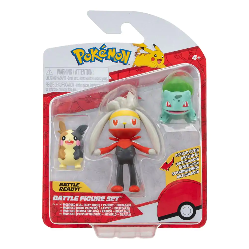 Pokémon Battle Figure Set Figuren 3er-Pack Morpeko, Bisasam #1, Kickerlo 5 cm Produktfoto