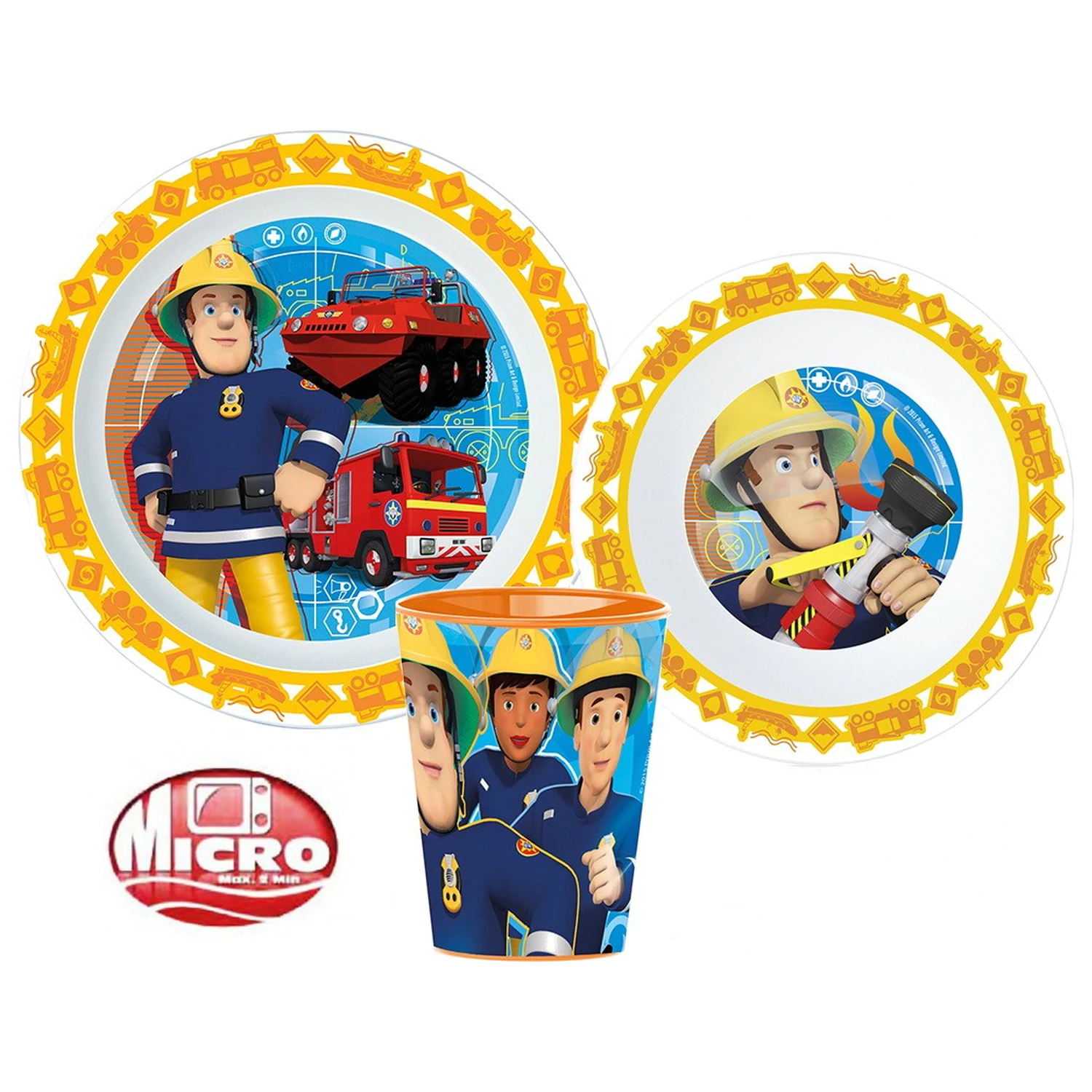 Fireman Sam Rescue Mission Essgeschirr-Set, Micro Plastic Set, mit 260 ml Glas Produktfoto