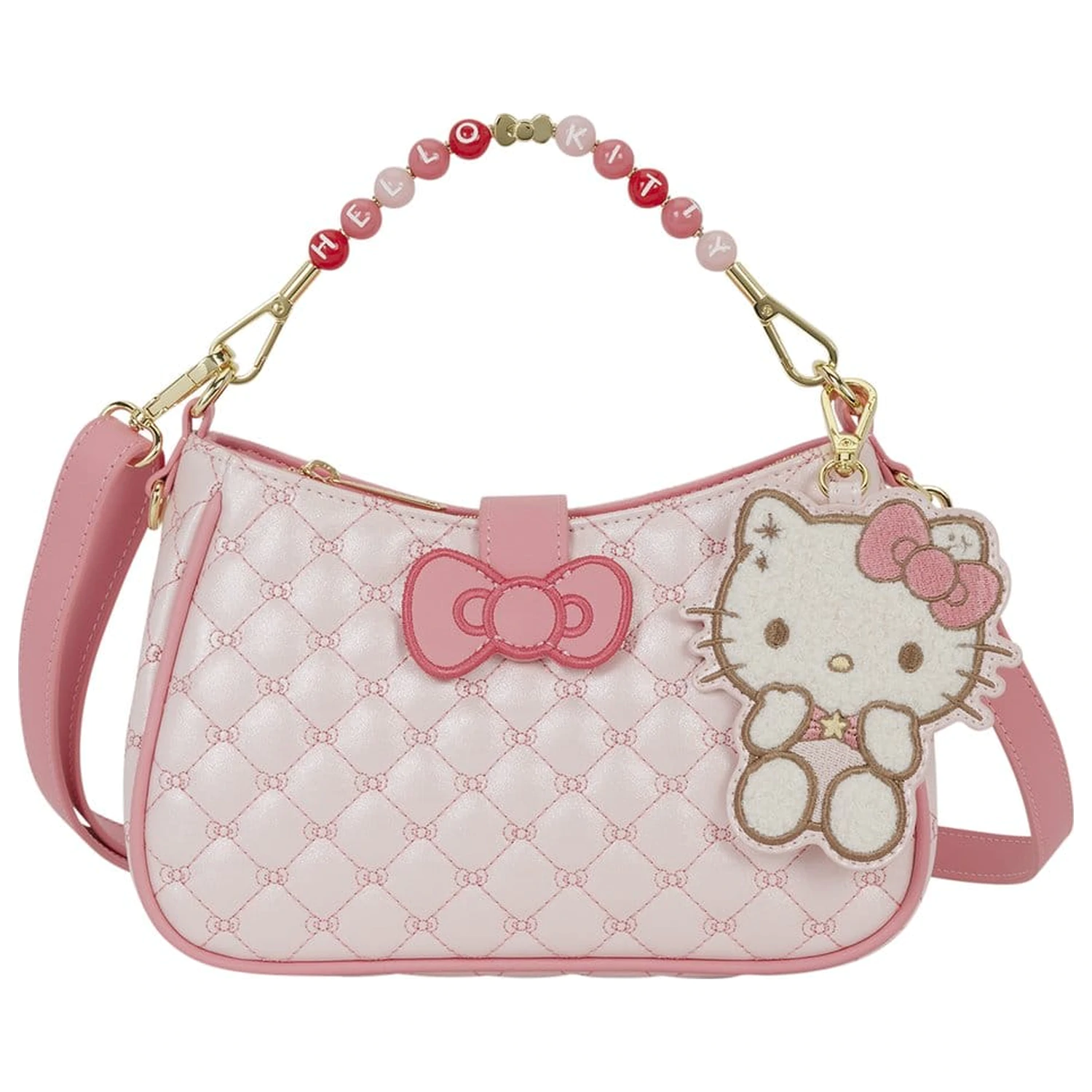 Sanrio by Loungefly Umhängetasche mit Perlenhenkel und Taschananhänger Hello Kitty Steppdesign Produktfoto