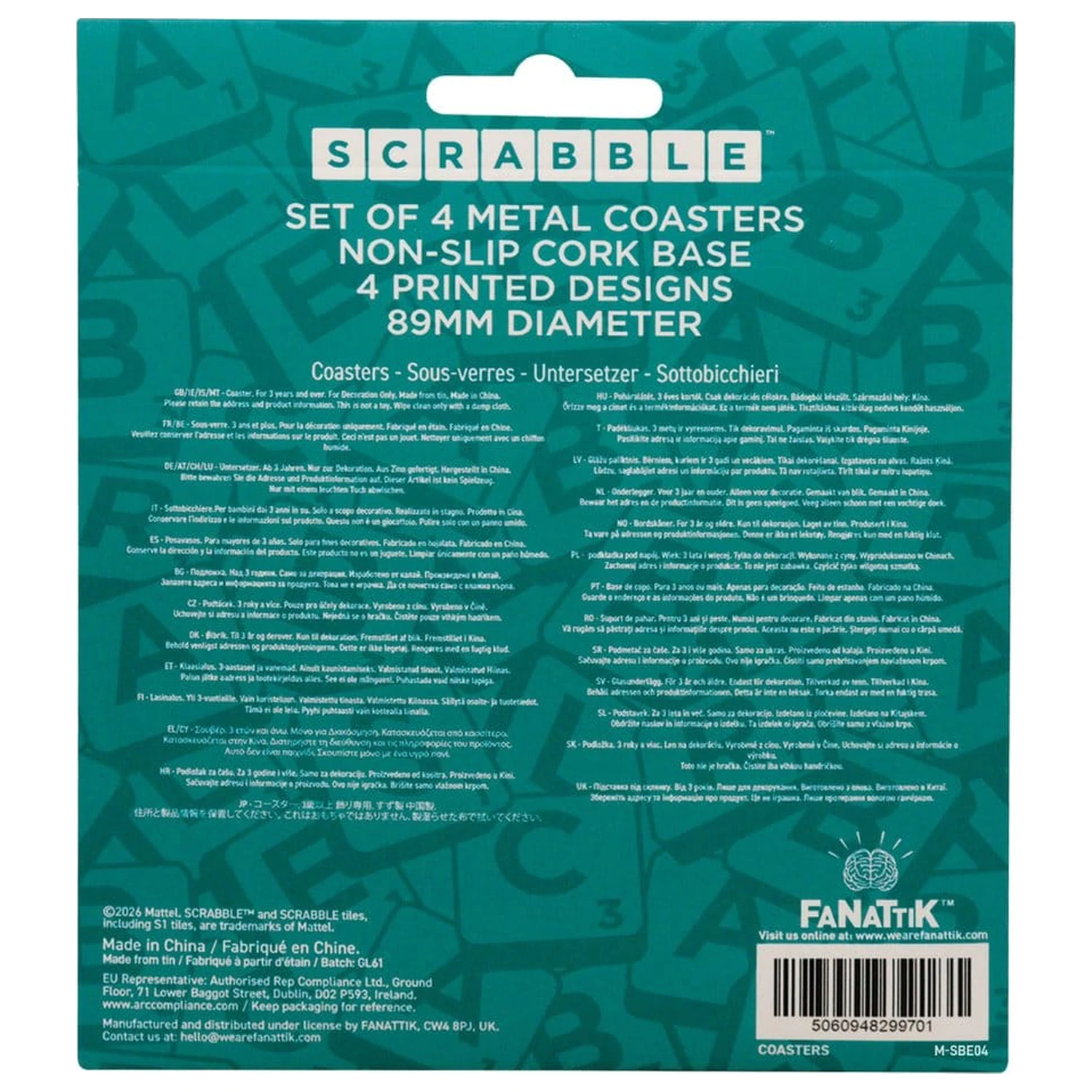 Scrabble Untersetzer 4er-Pack bedrucktes Metall Produktfoto