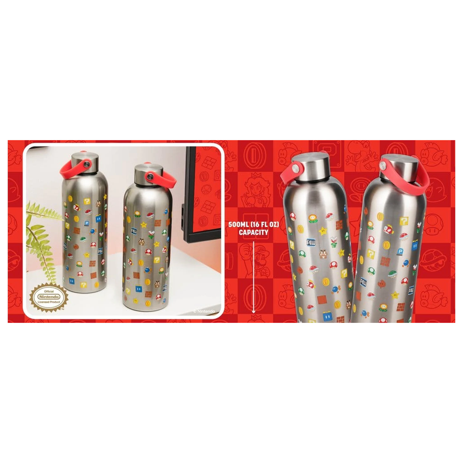 Super Mario Metall Wasserflasche mit Trageschlaufe Produktfoto