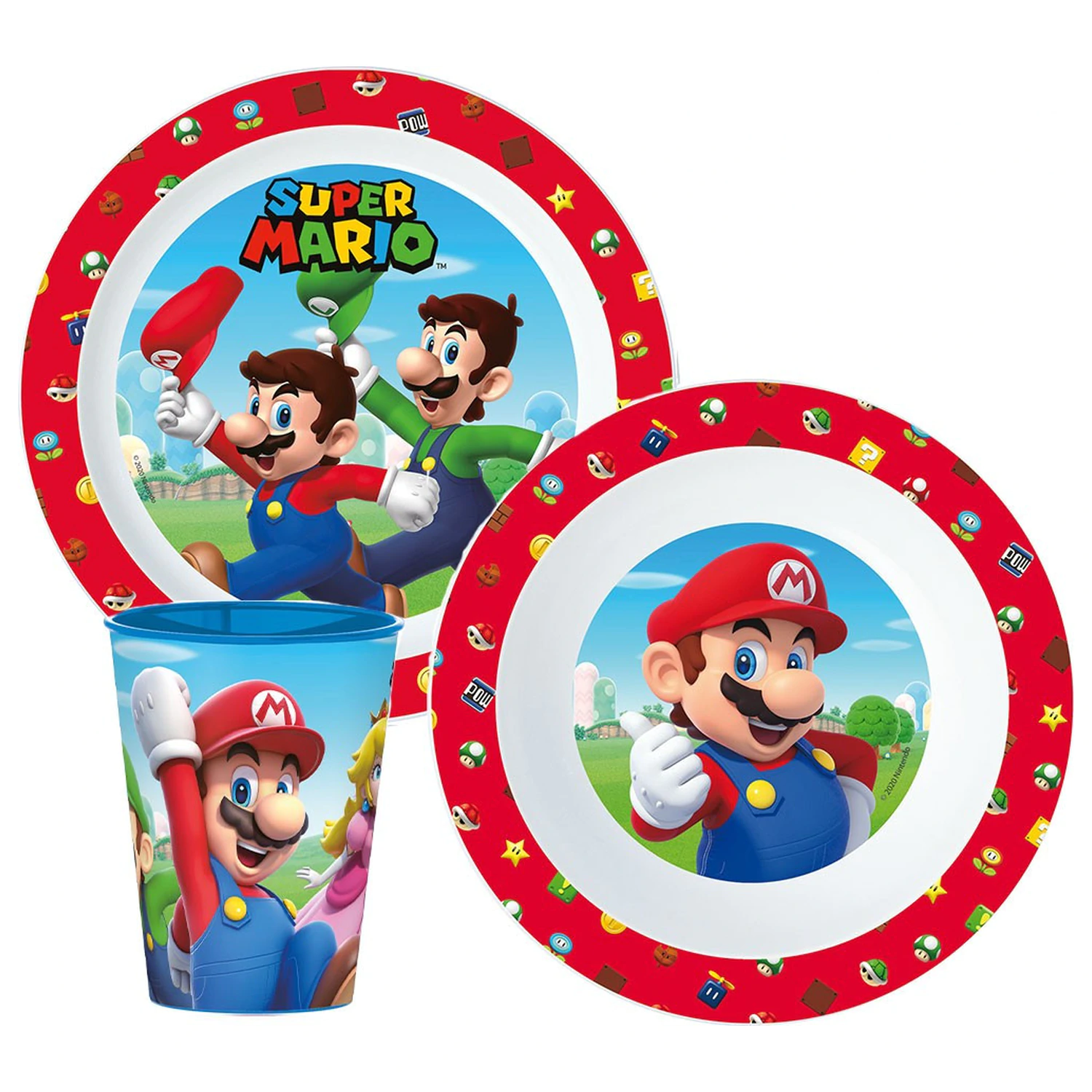 Super Mario Mushroom Kingdom Geschirr Set, Mikro Kunststoff Set, mit 260 ml Glas Produktfoto