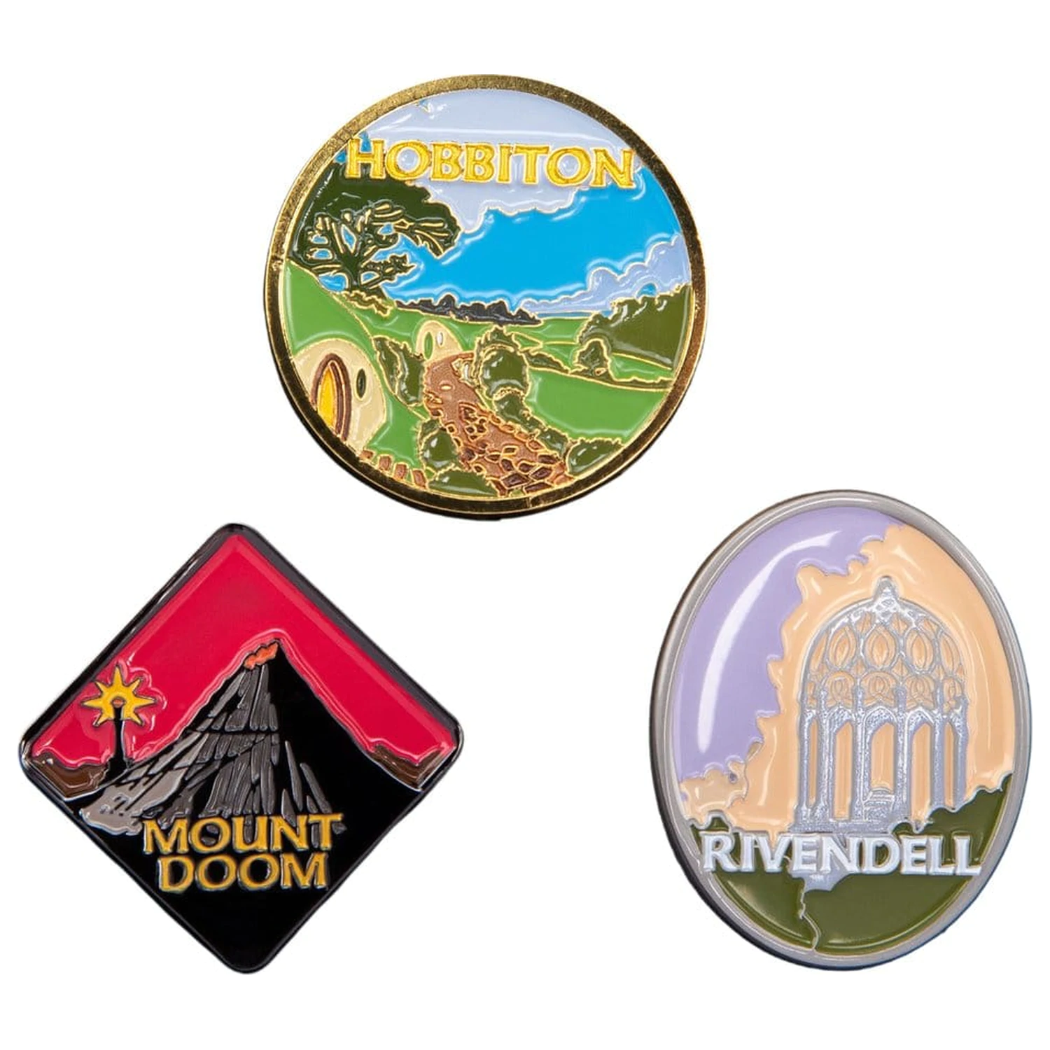 The Lord of the Rings Trilogie Pin Set Hobbiton, Rivendell & Mount Doom Produktfoto