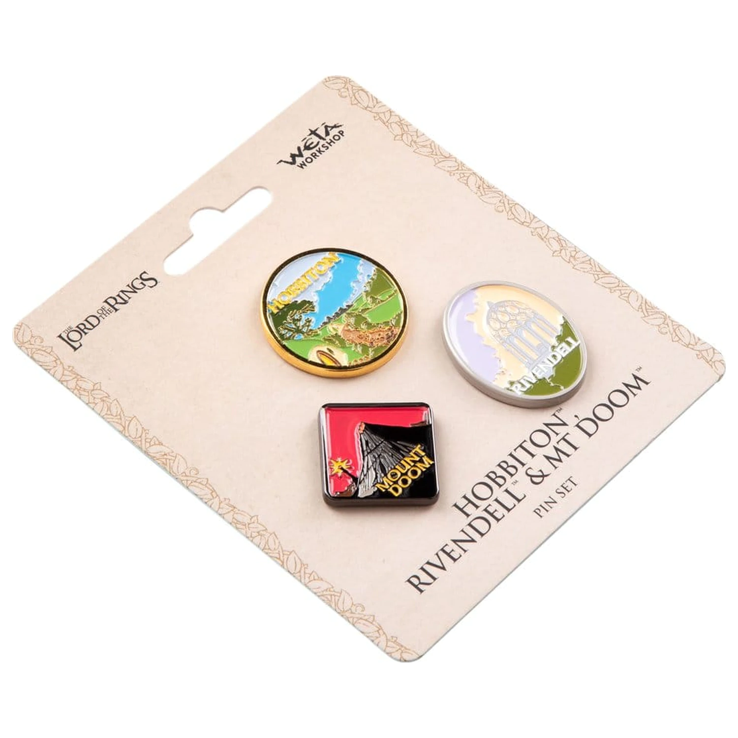 The Lord of the Rings Trilogie Pin Set Hobbiton, Rivendell & Mount Doom Produktfoto