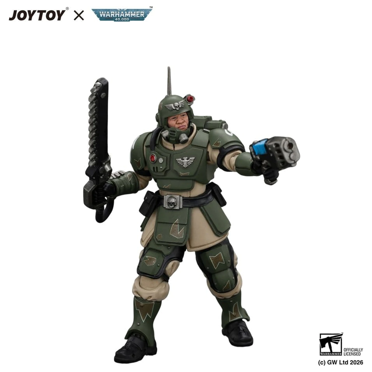 Warhammer Actionfigur Astra Militarum Kasrkin 1 mit Chainsword und Plasma Pistol Produktfoto