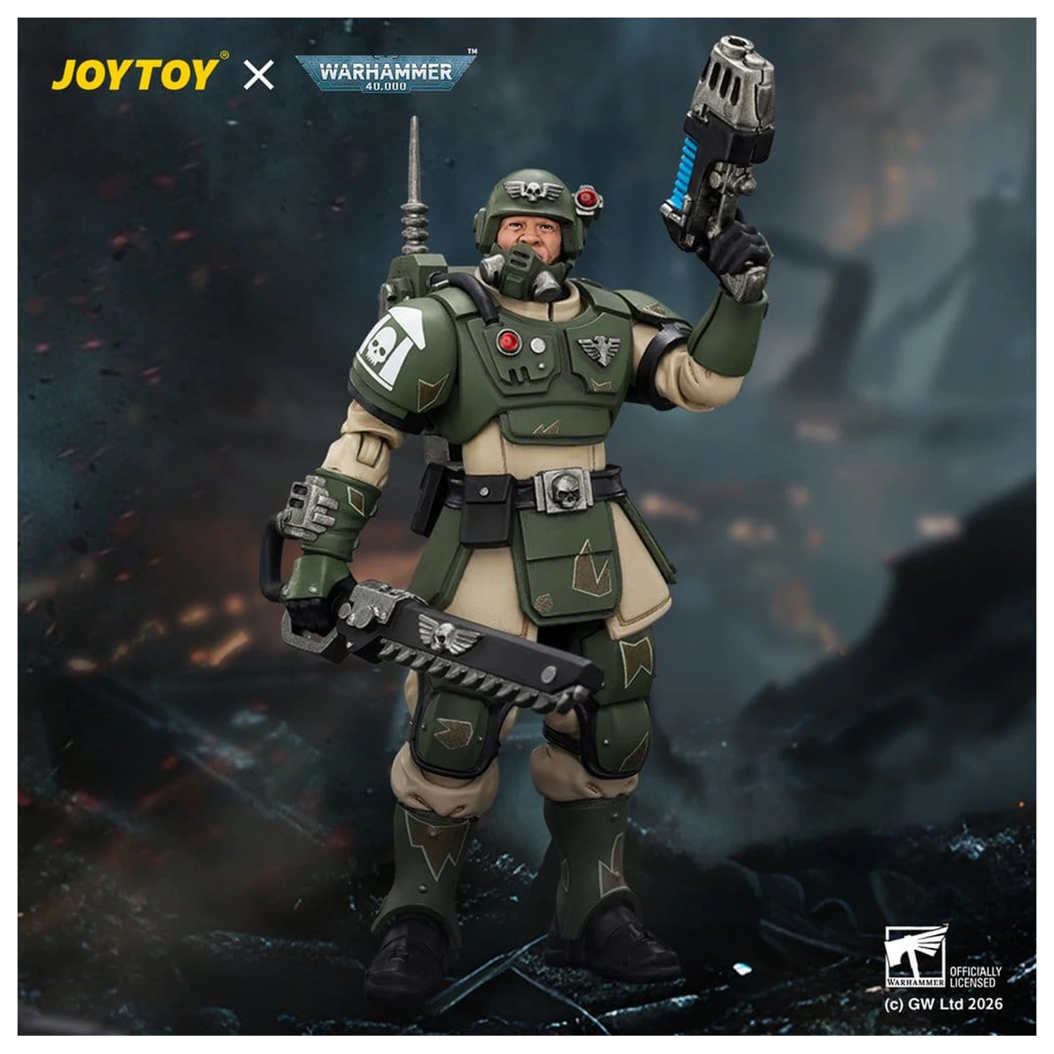Warhammer Actionfigur Astra Militarum Kasrkin 1 mit Chainsword und Plasma Pistol Produktfoto
