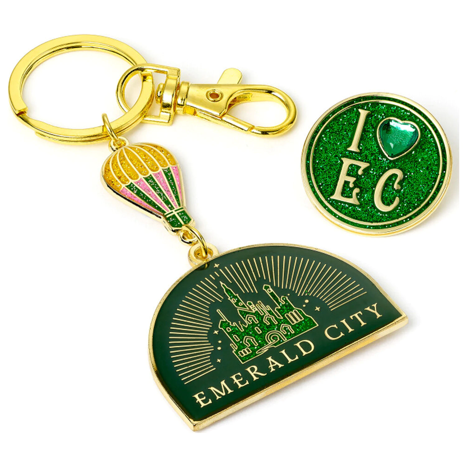 Wicked Emerald City Heißluftballon Schlüsselanhänger & Anstecker Geschenkset Produktfoto