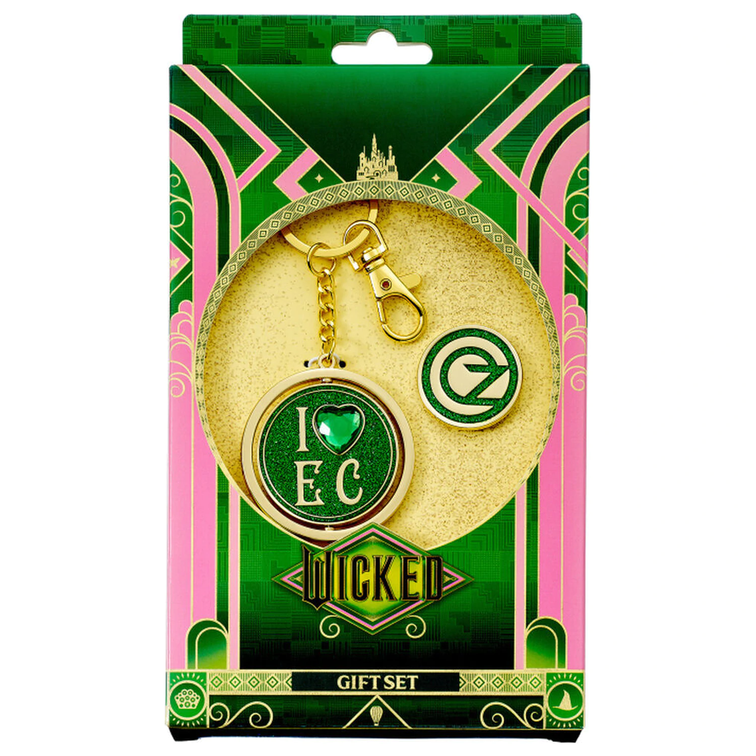 Wicked I love Emerald City Oz Logo Schlüsselanhänger & Anstecknadel Geschenkset Produktfoto